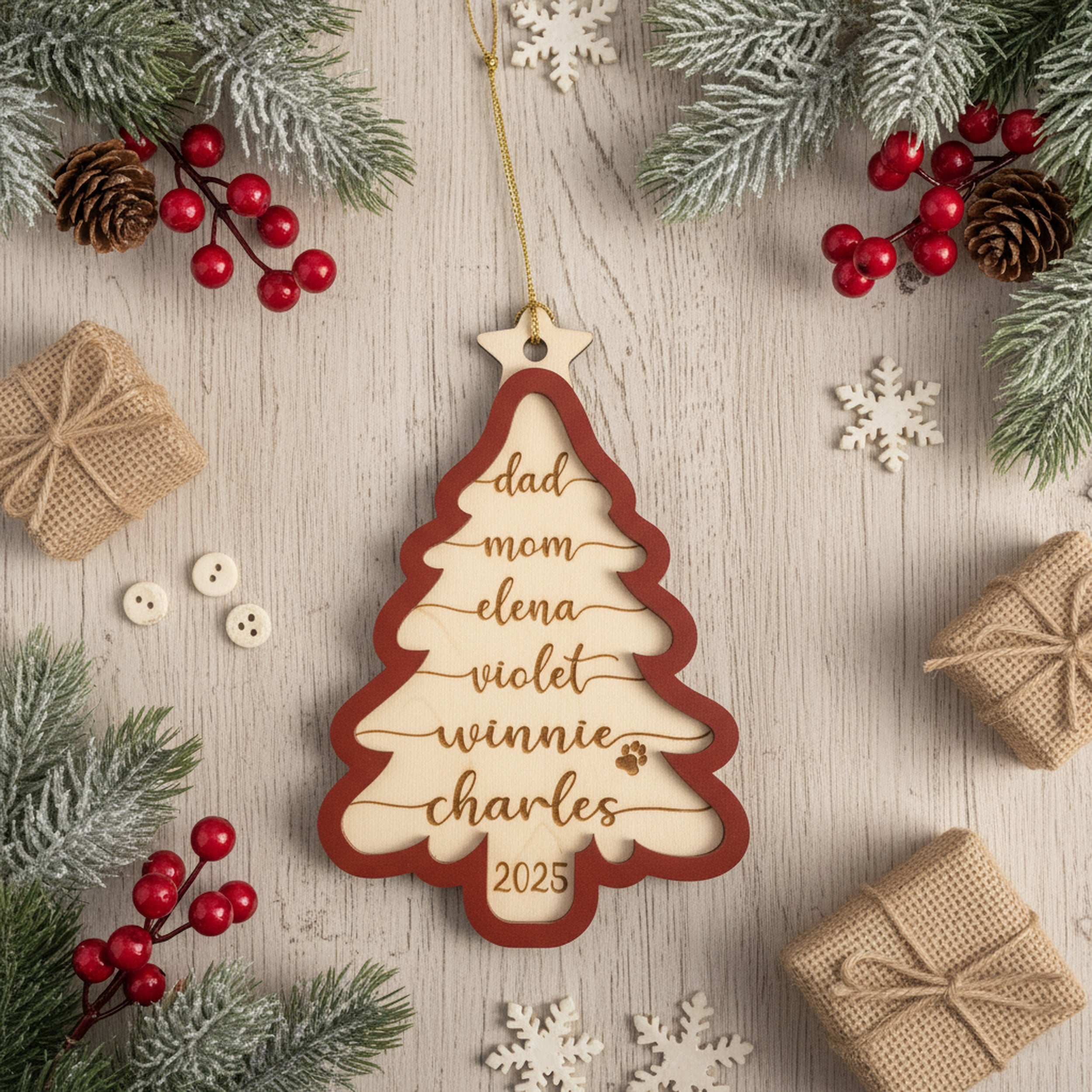 Personalized Wooden Christmas Tree Ornament Wood Christmas Tree Ornament for Family and Custom Wooden Ornament D32