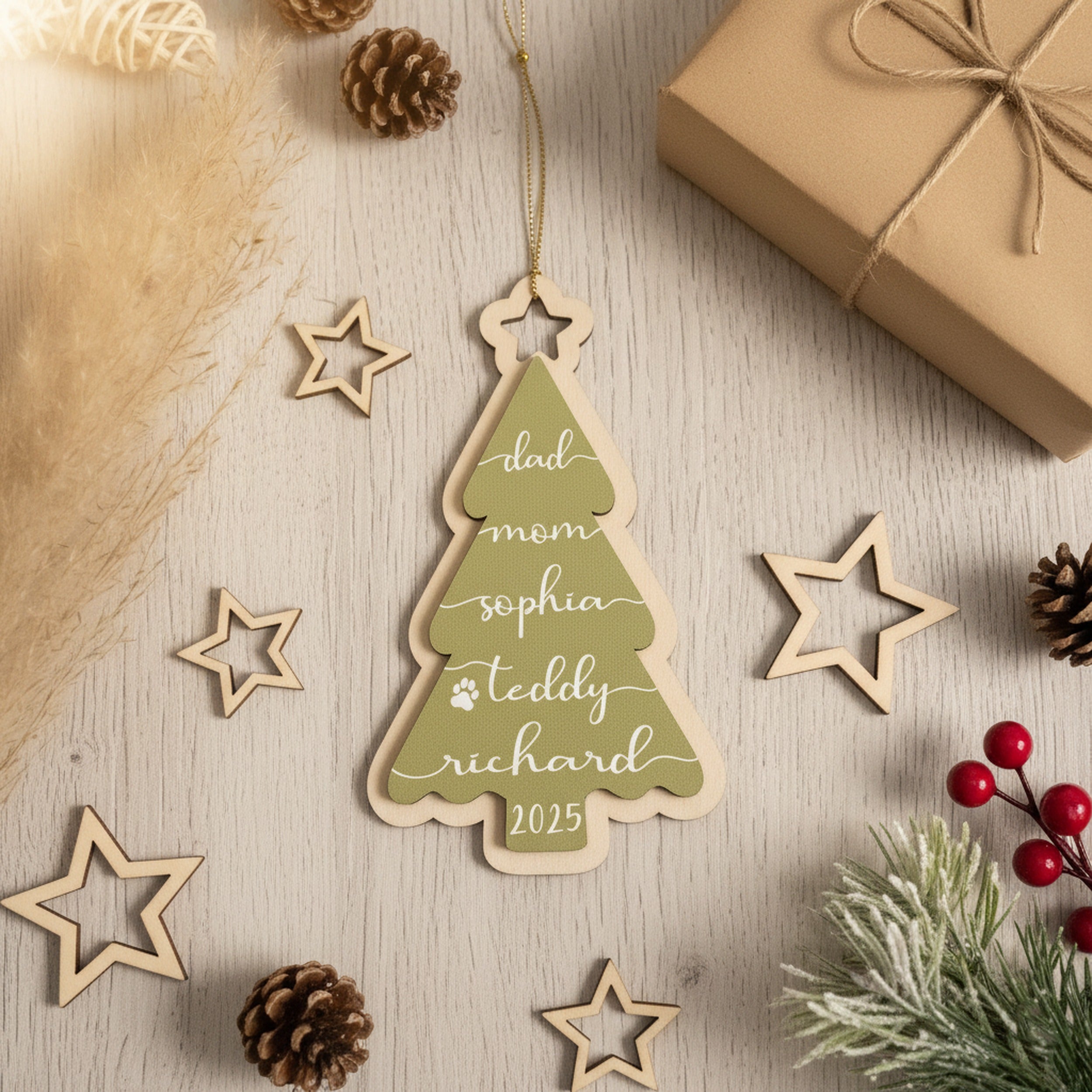 Wooden Family Christmas Tree Ornament Wood for Tree Decor D31
