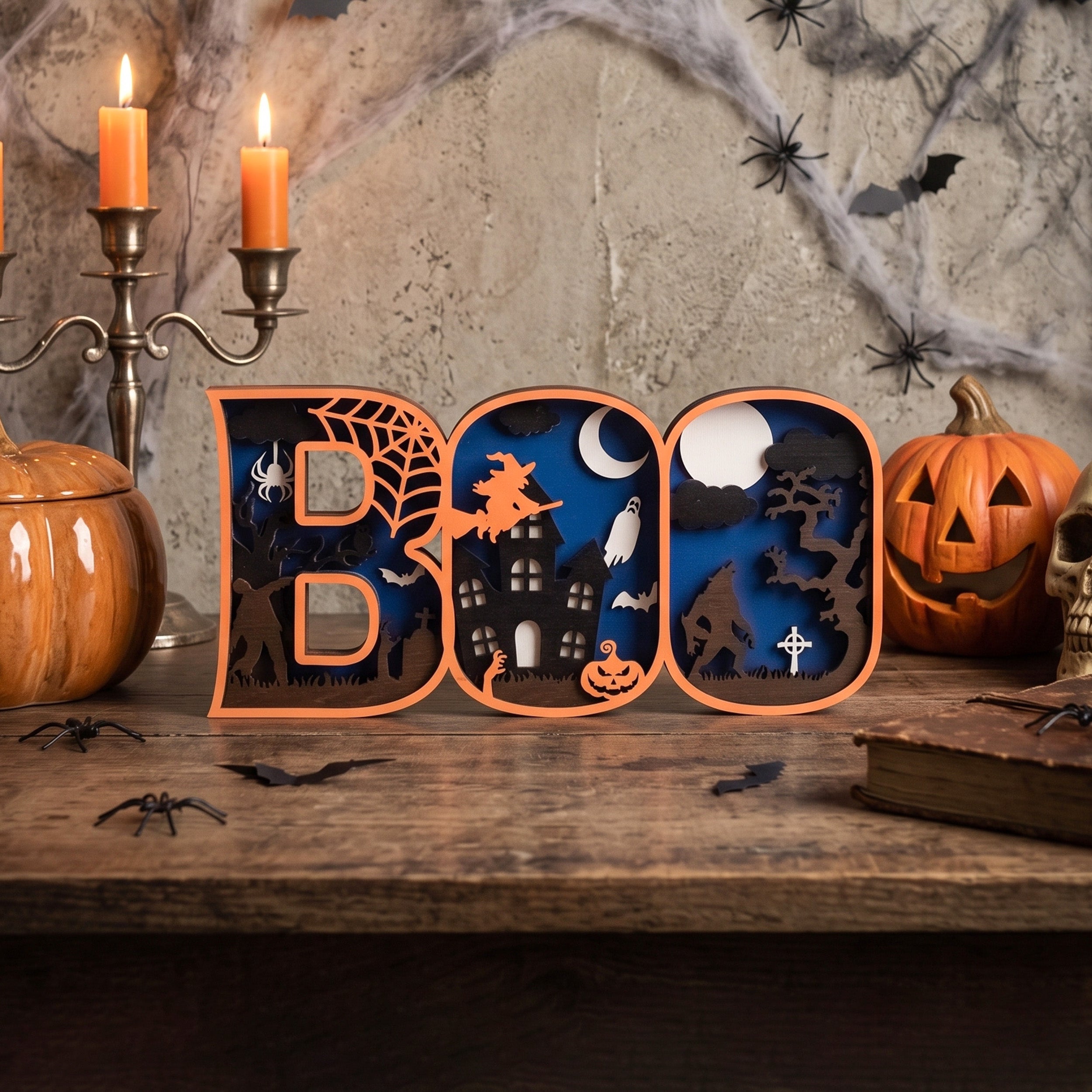 Layered Wooden Halloween BOO Sign Wood and Halloween Centerpiece B34