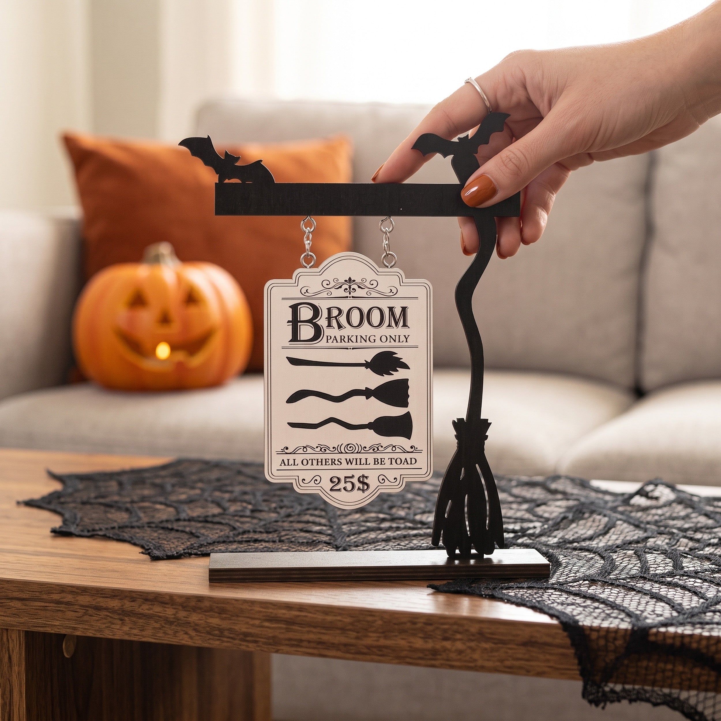 Witch Broom Parking Wood Sign for Halloween Table Decor B36