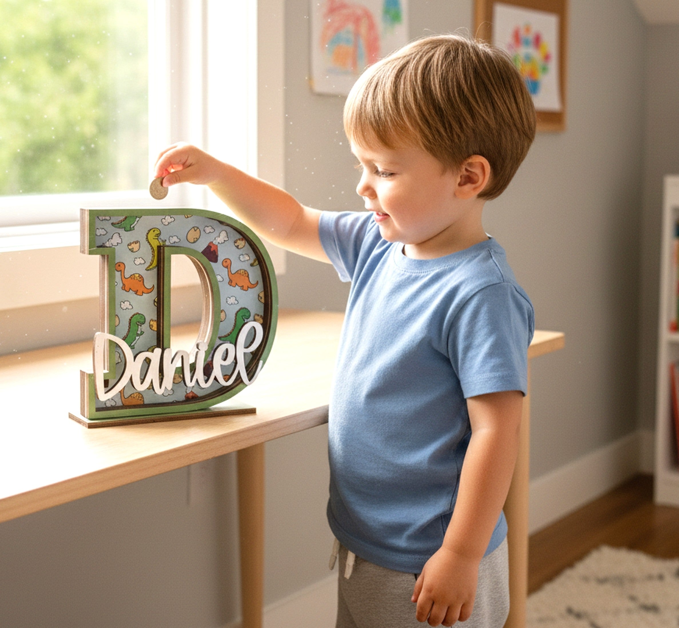 Personalized Letter Piggy Bank Wood Acrylic for Kids Coin Bank R11