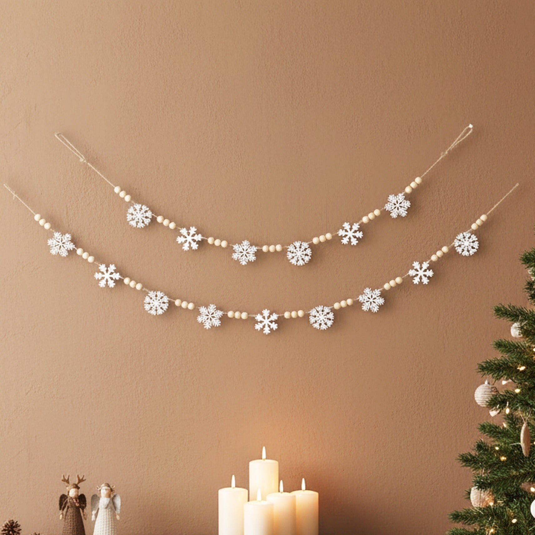 Wooden Snowflake Garland Wooden Beads Christmas Decorations for Rustic Holiday Decor Y03