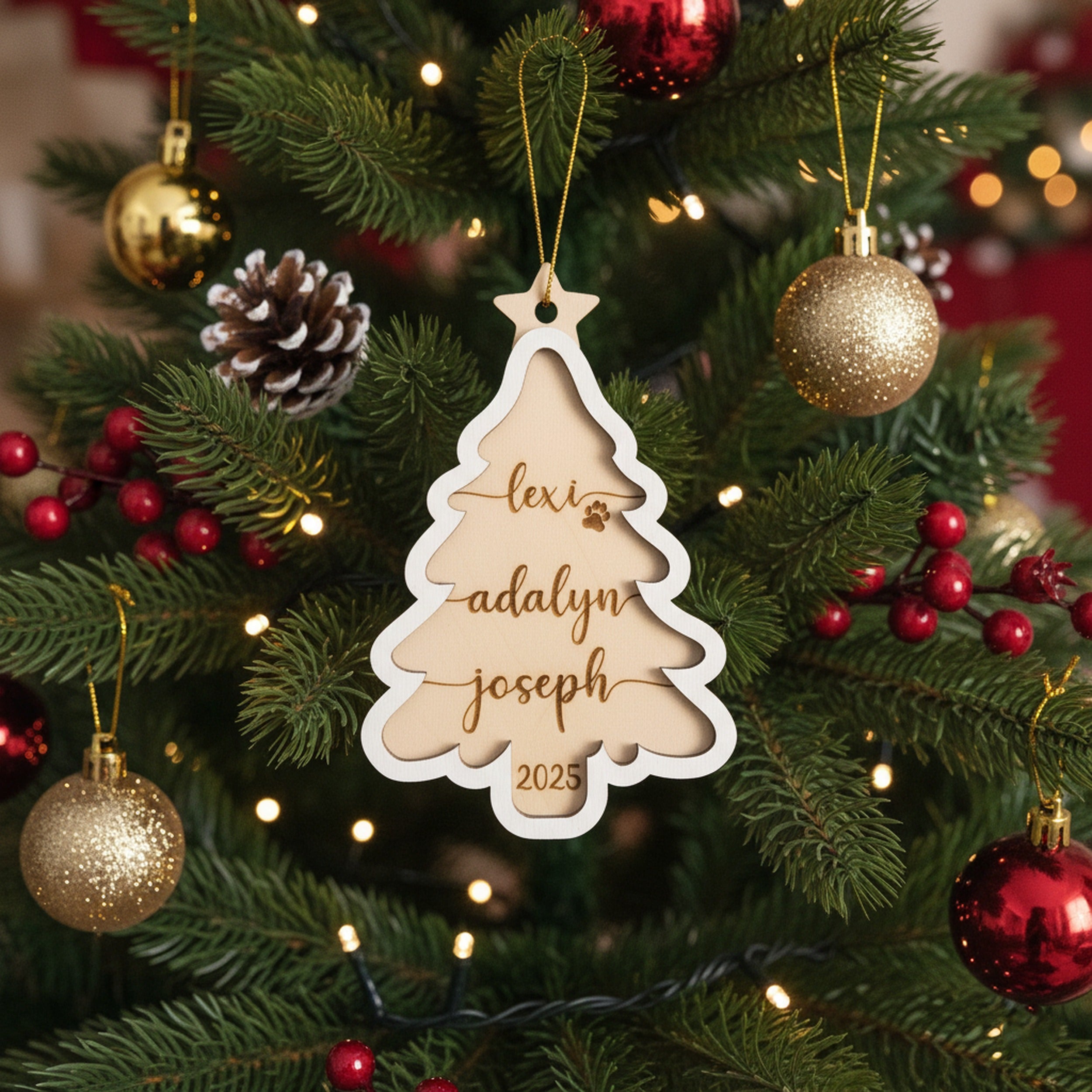 Personalized Wooden Christmas Tree Ornament Wood Family Christmas Tree Ornament and Custom Engraved Ornament D32