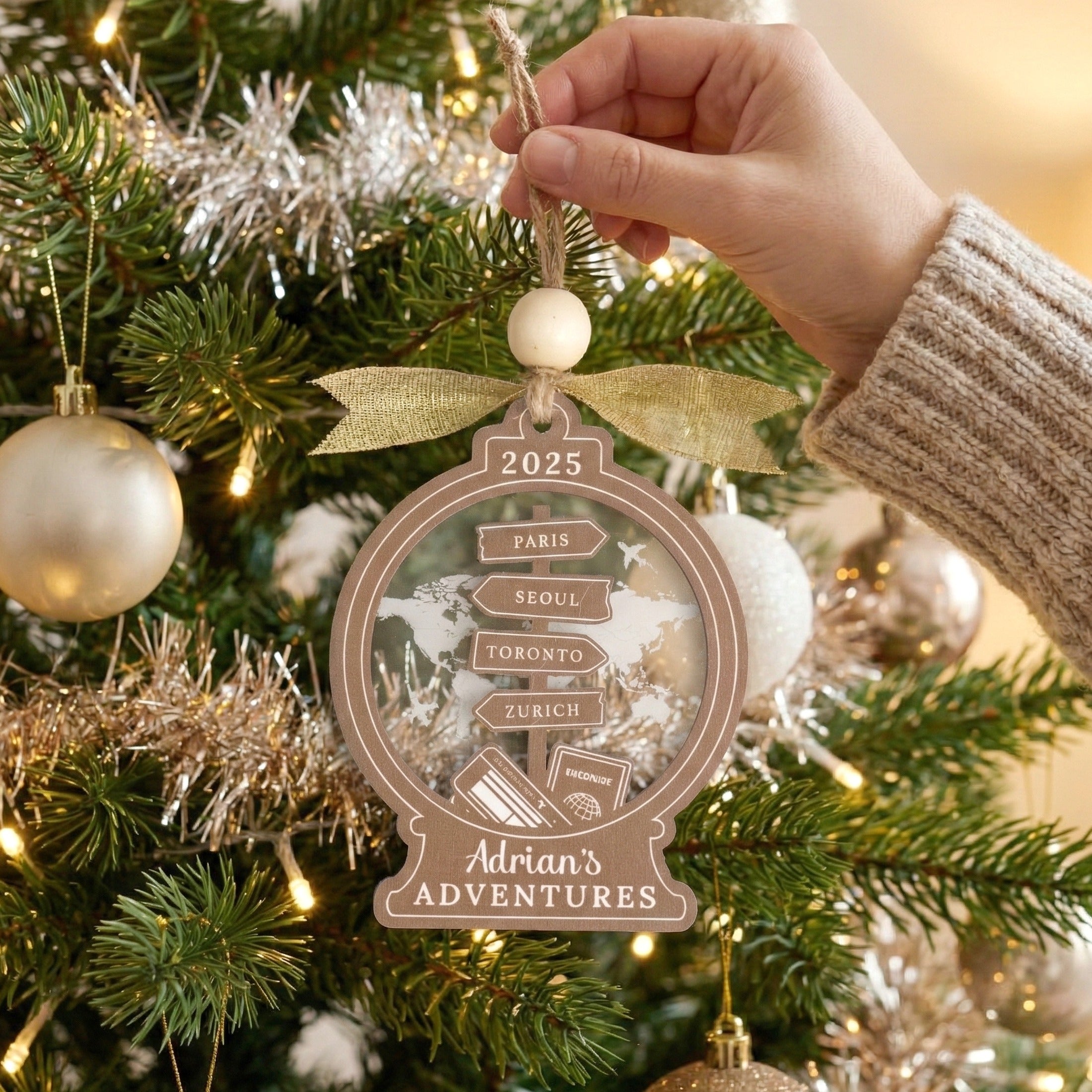 Personalized Travel Ornament Wood for Christmas Tree and Names D40