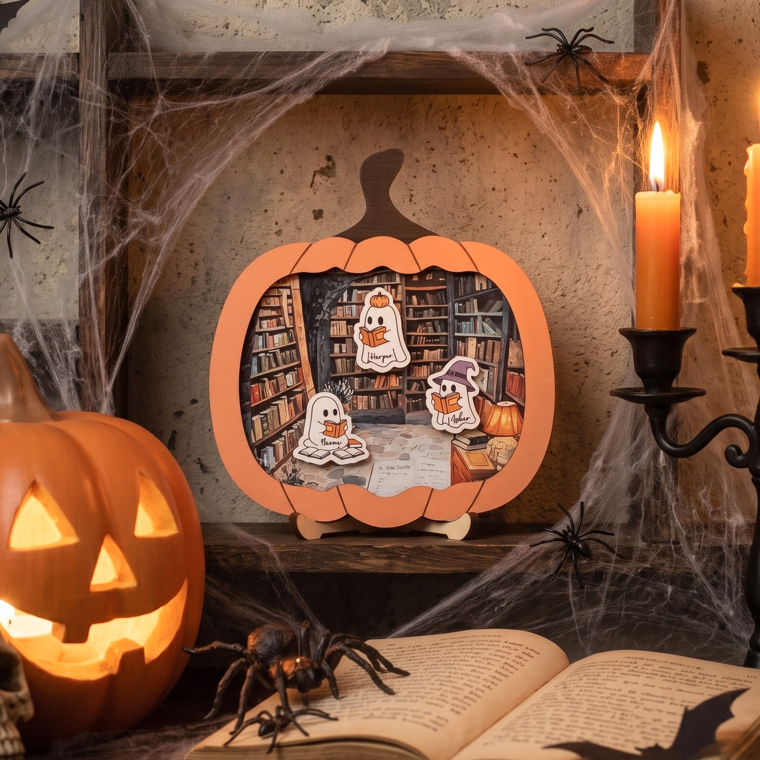 Wooden Pumpkin Library Ghost Halloween Sign Decor for Room B39