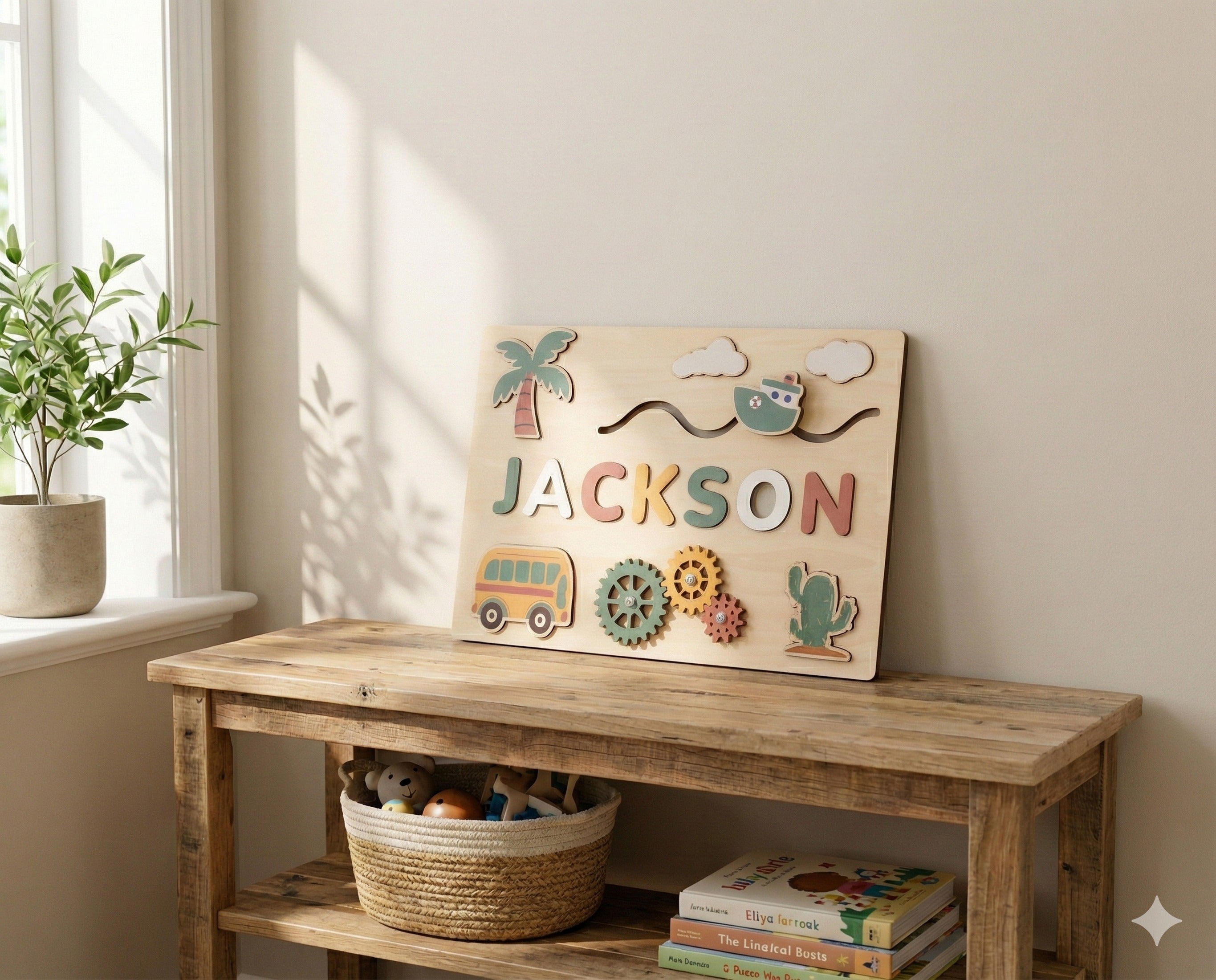 Wooden Busy Board Name Sign for Nursery and Kids Decor R03