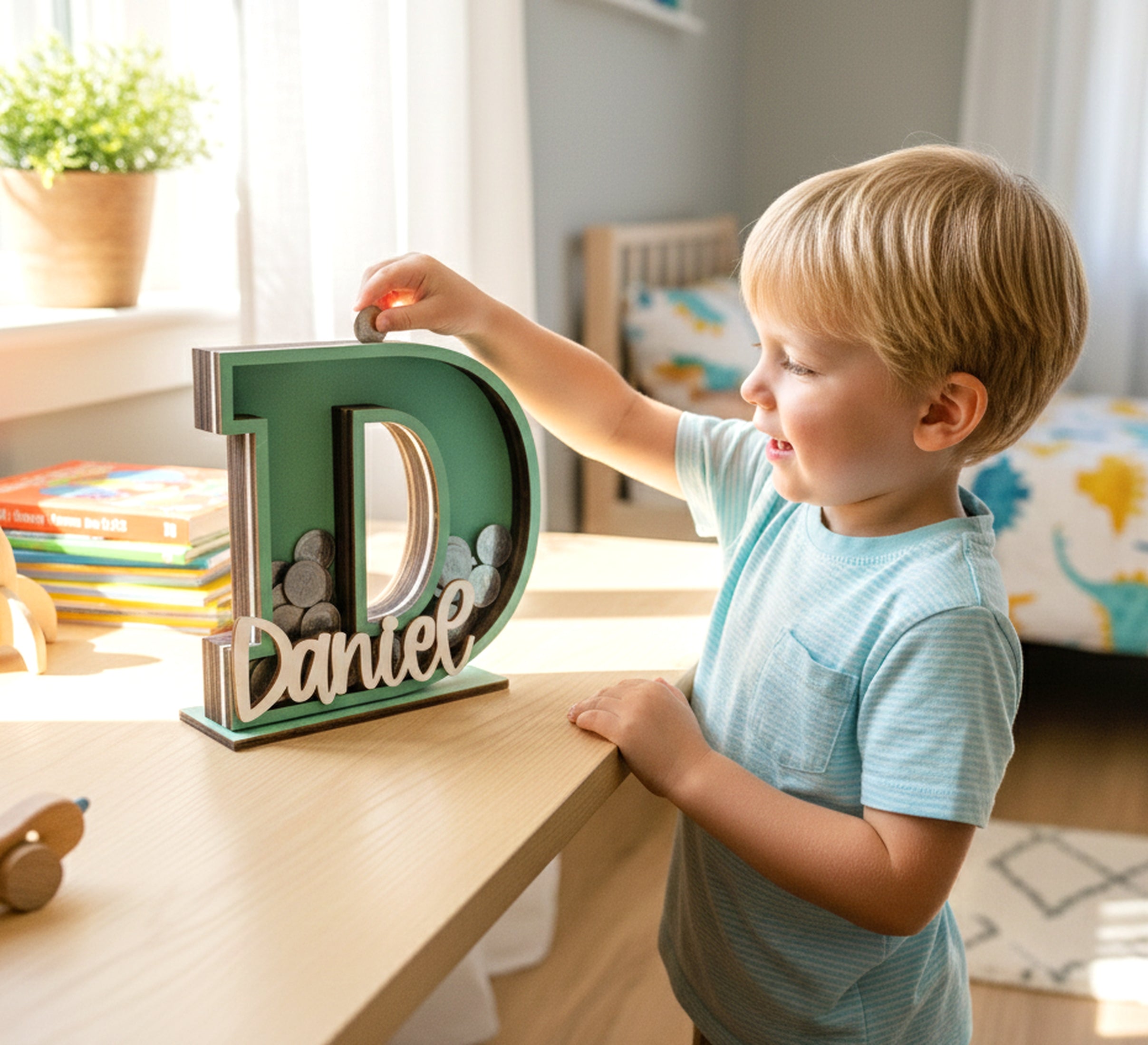 Personalized Letter Piggy Bank Wood Acrylic Kids Money Bank E13