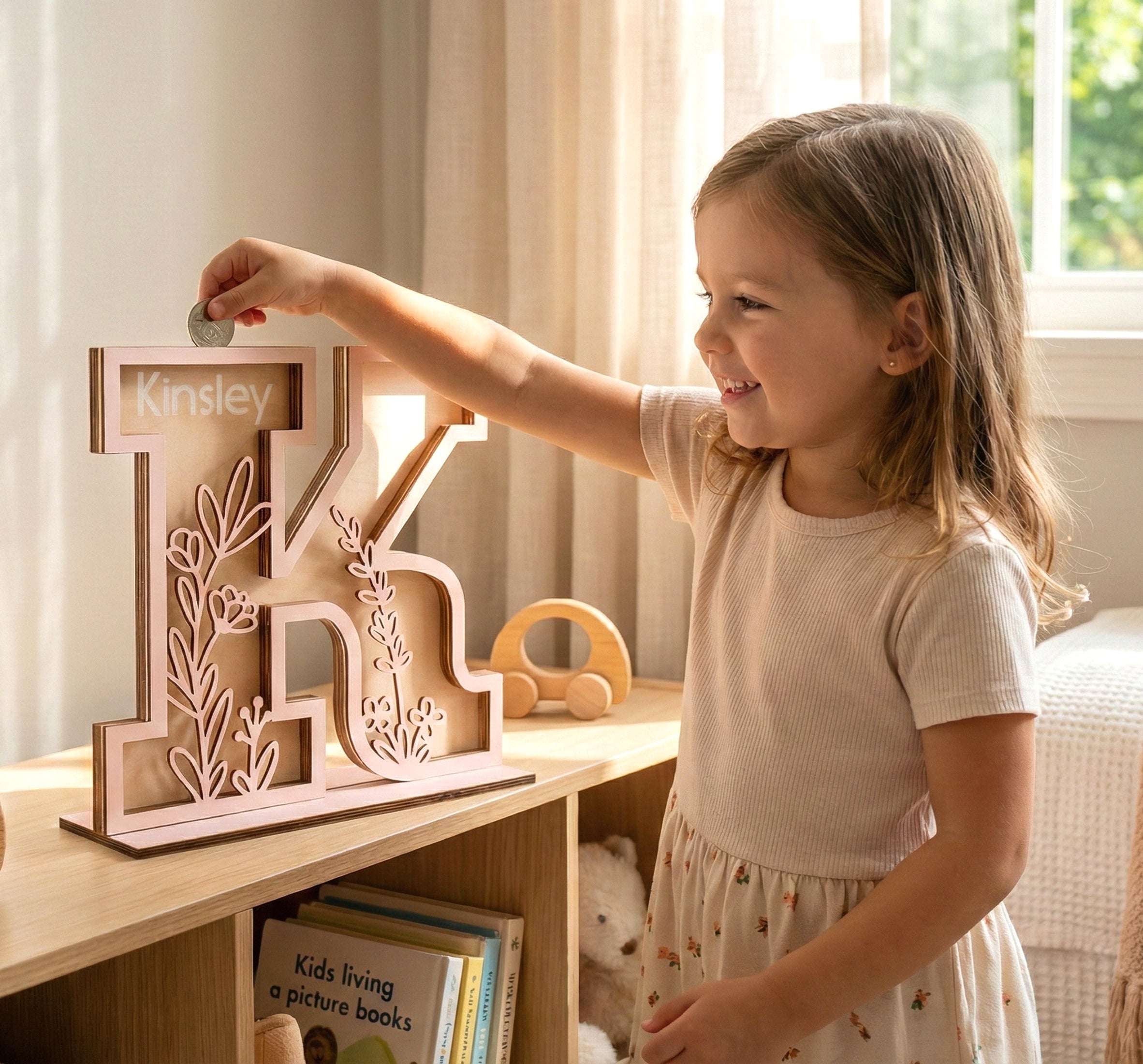 Personalized Letter Piggy Bank Wood Acrylic for Kids Wooden Coin Bank E21