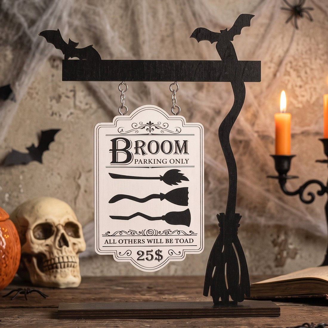 Witch Broom Parking Wood Sign and Wooden Halloween Decor B36