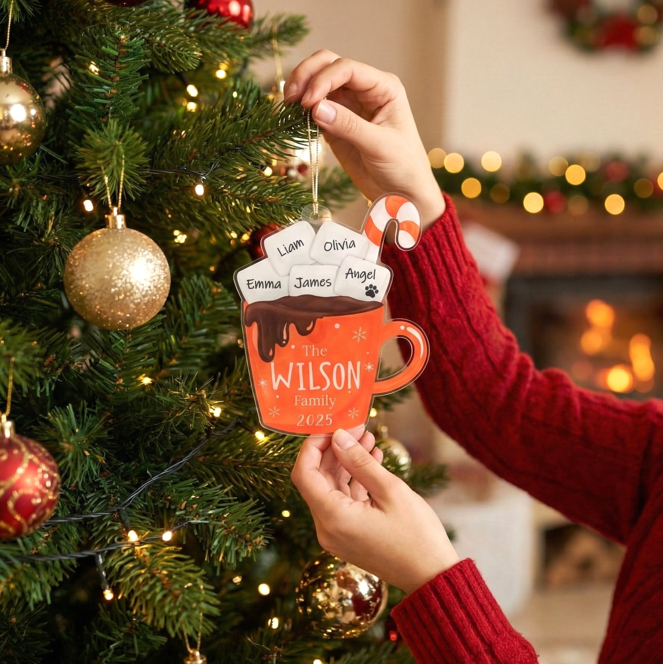 Personalized Family Hot Cocoa Ornament Acrylic Family Christmas Ornament and Custom Name Ornament D42