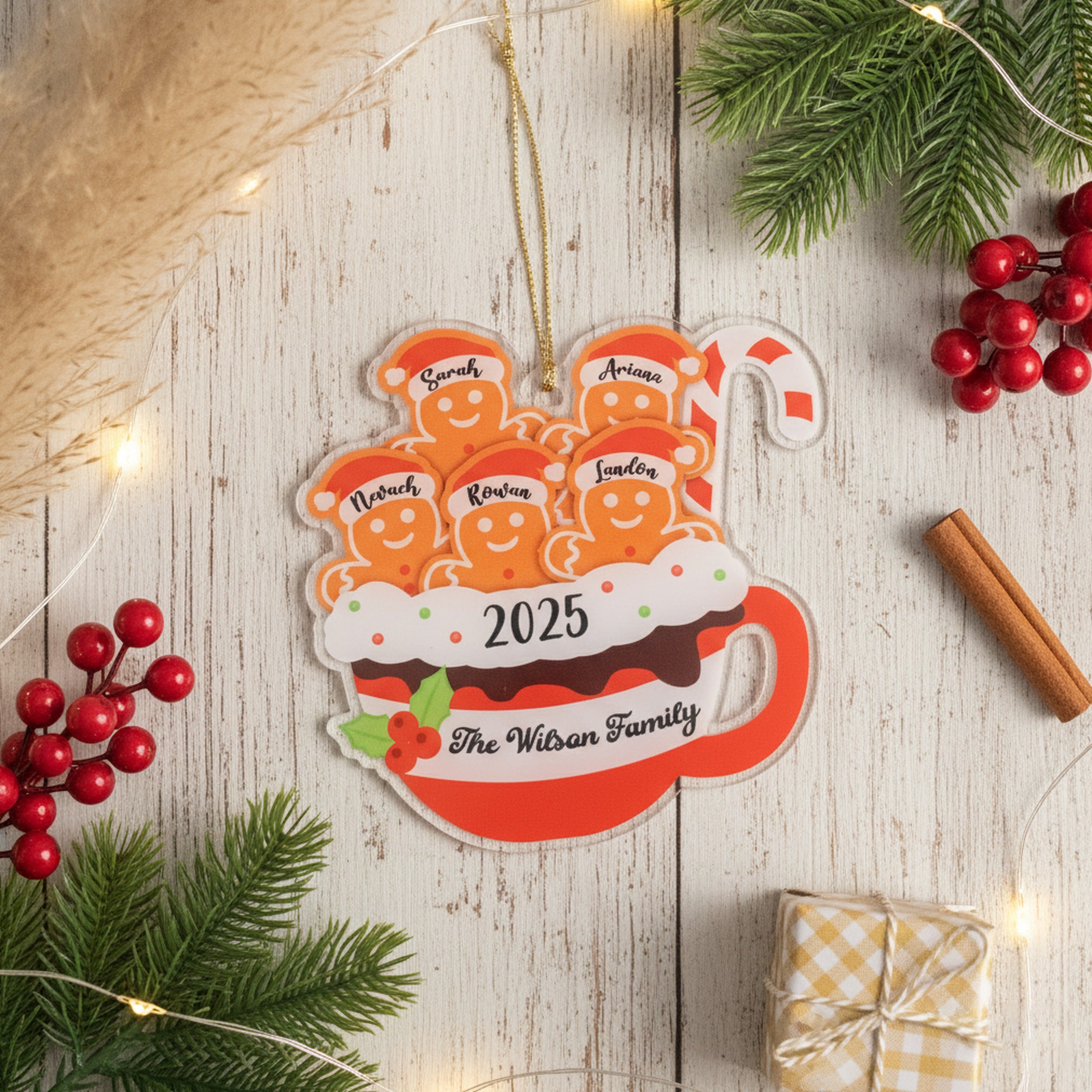 Personalized Gingerbread Family Ornament Acrylic Christmas Tree Ornament for Rustic Holiday Decor D23