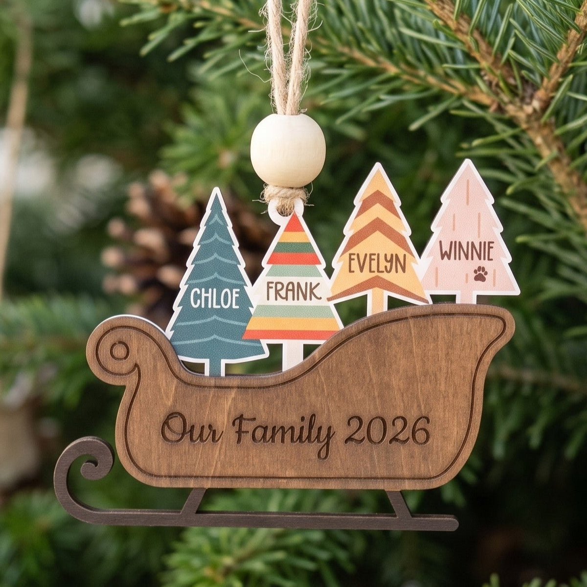 Family Sleigh Ornament Wood, Family Christmas Gift for Tree B64