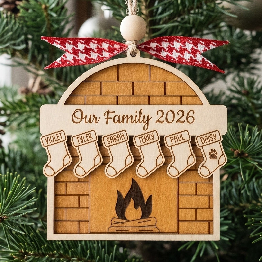 Family Fireplace Ornament Wood and Custom Family Ornament Gift B55