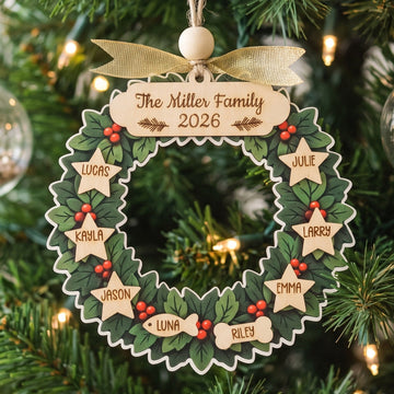 Family Wreath Ornament Wood, Family Christmas Gift for Tree B72