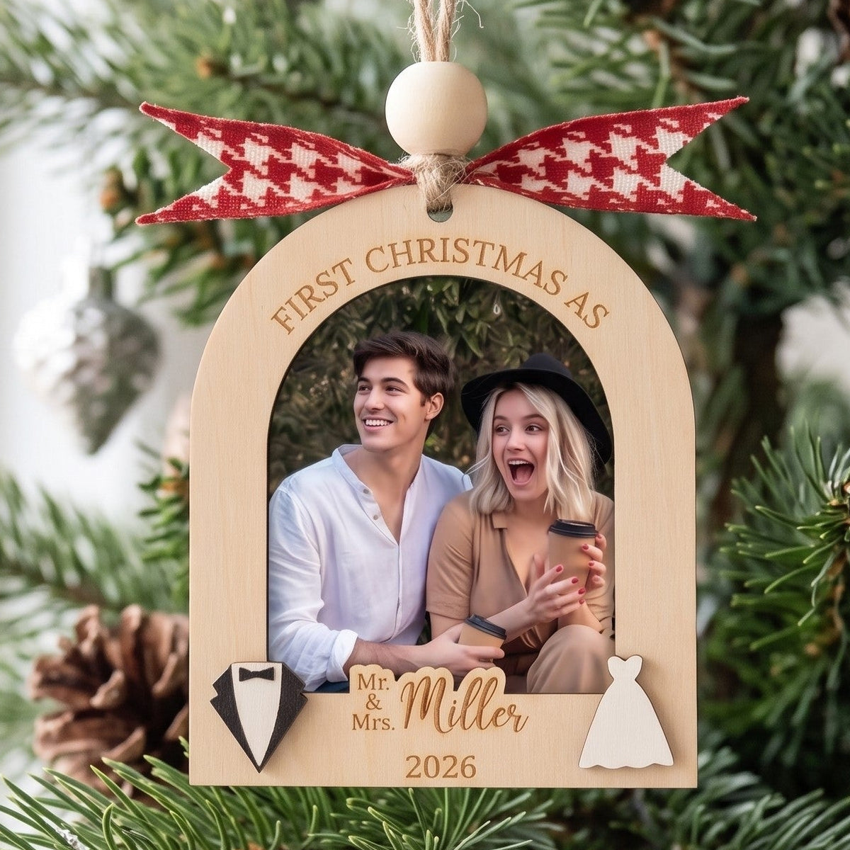 Married Photo Ornament Wood, Newlywed Christmas Ornament Gift B49