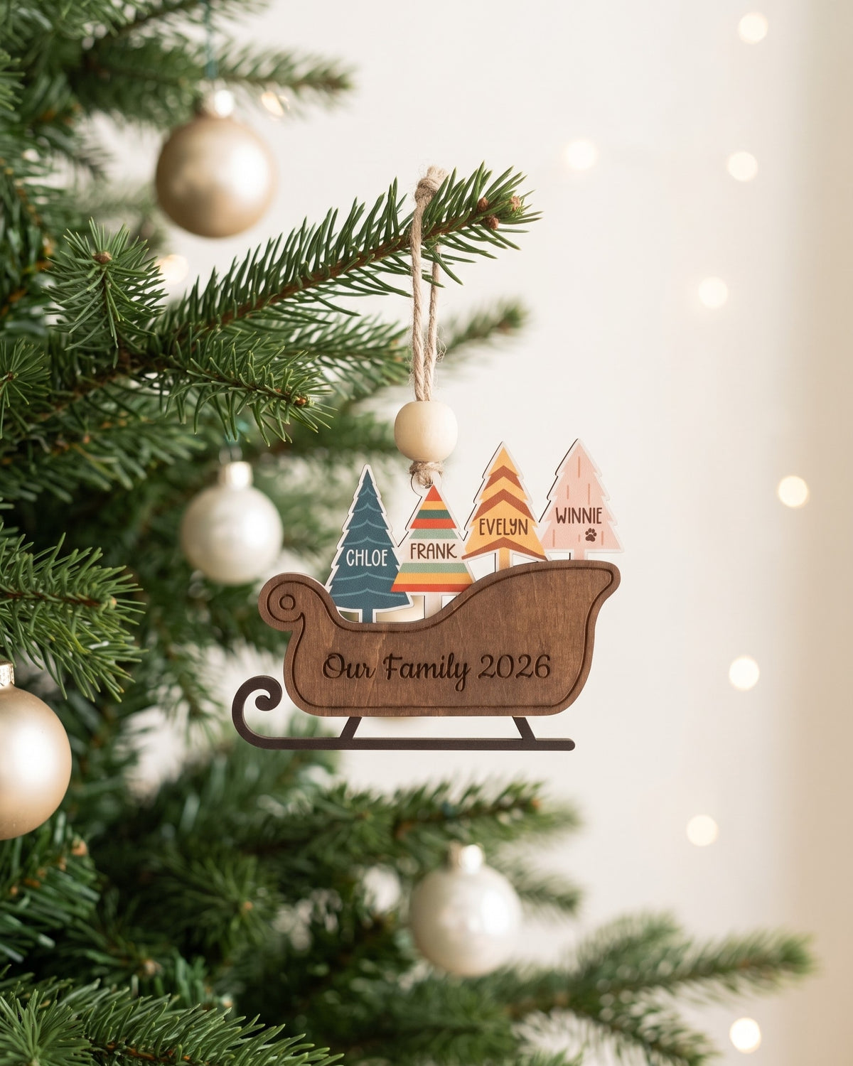 Family Sleigh Ornament Wood, Family Christmas Gift for Tree B64