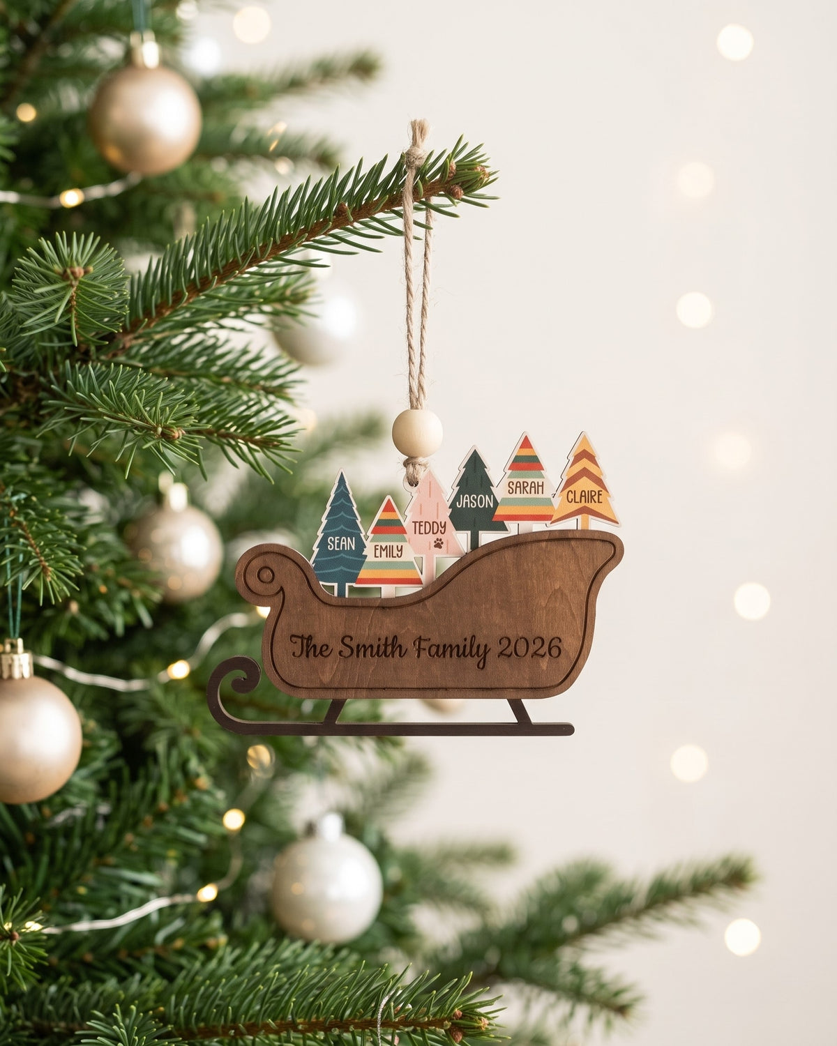 Family Sleigh Ornament Wood, Family Christmas Gift for Tree B64