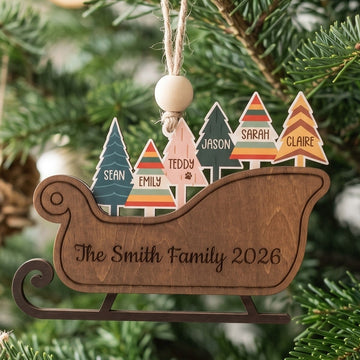 Family Sleigh Ornament Wood, Family Christmas Gift for Tree B64