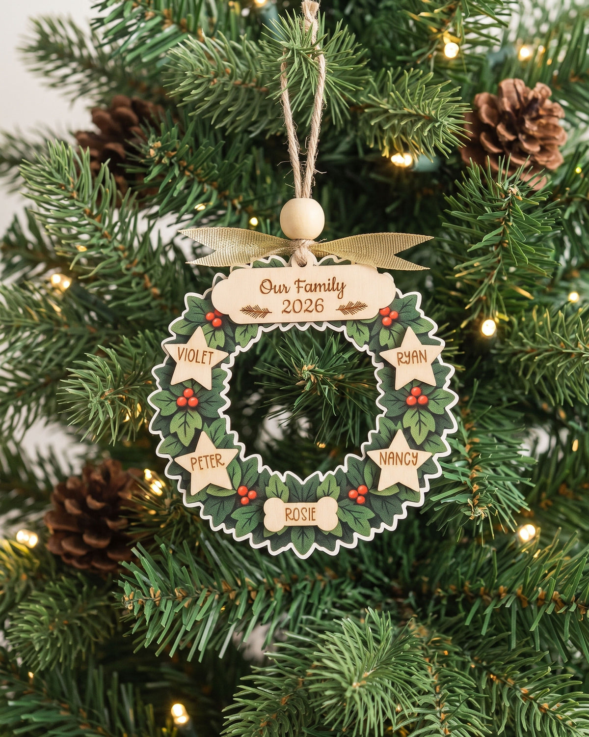 Family Wreath Ornament Wood, Christmas Tree Ornament Decor B72