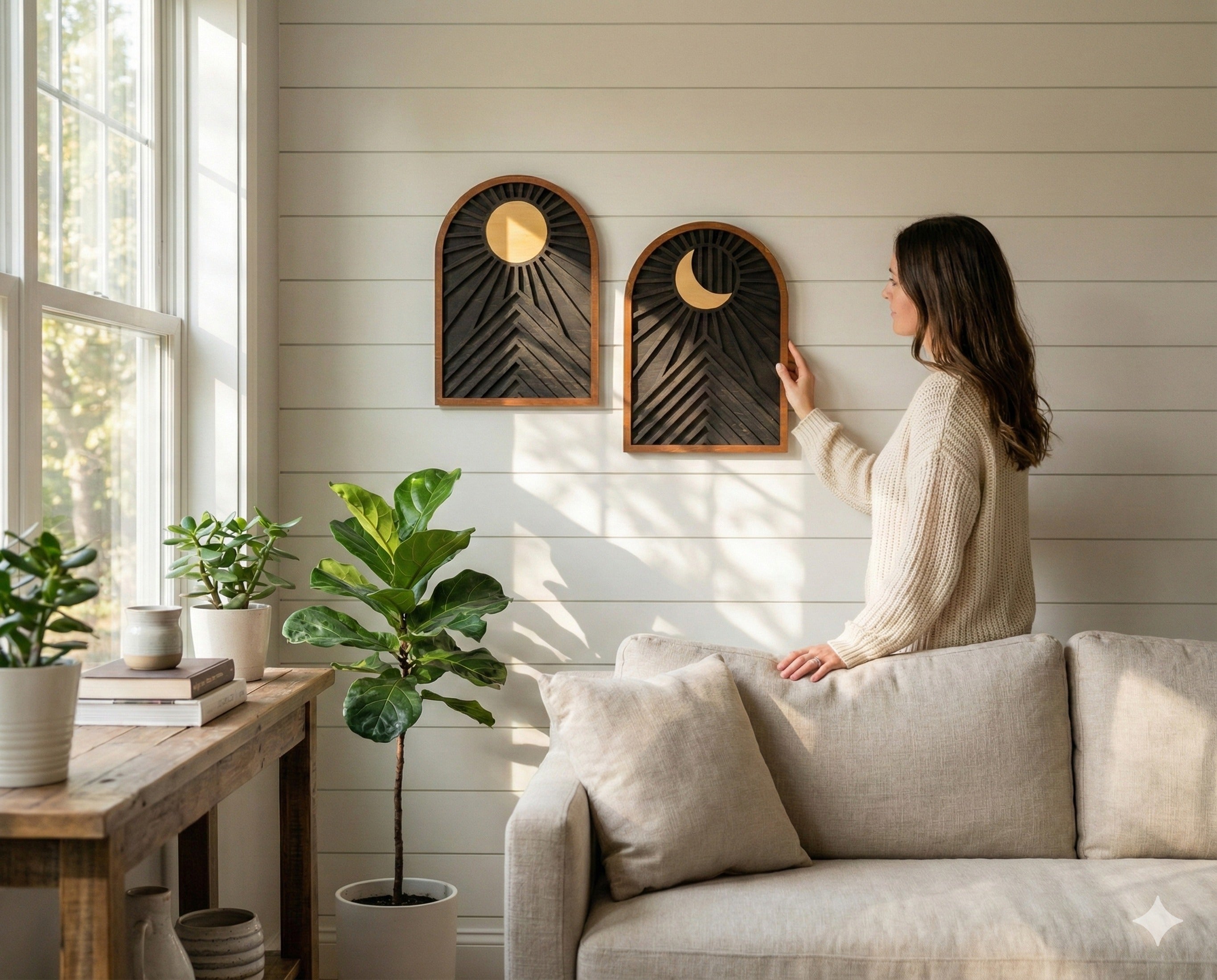 Celestial Sun and Moon Wooden Wall Art for Contemporary Rustic Home Decor J45