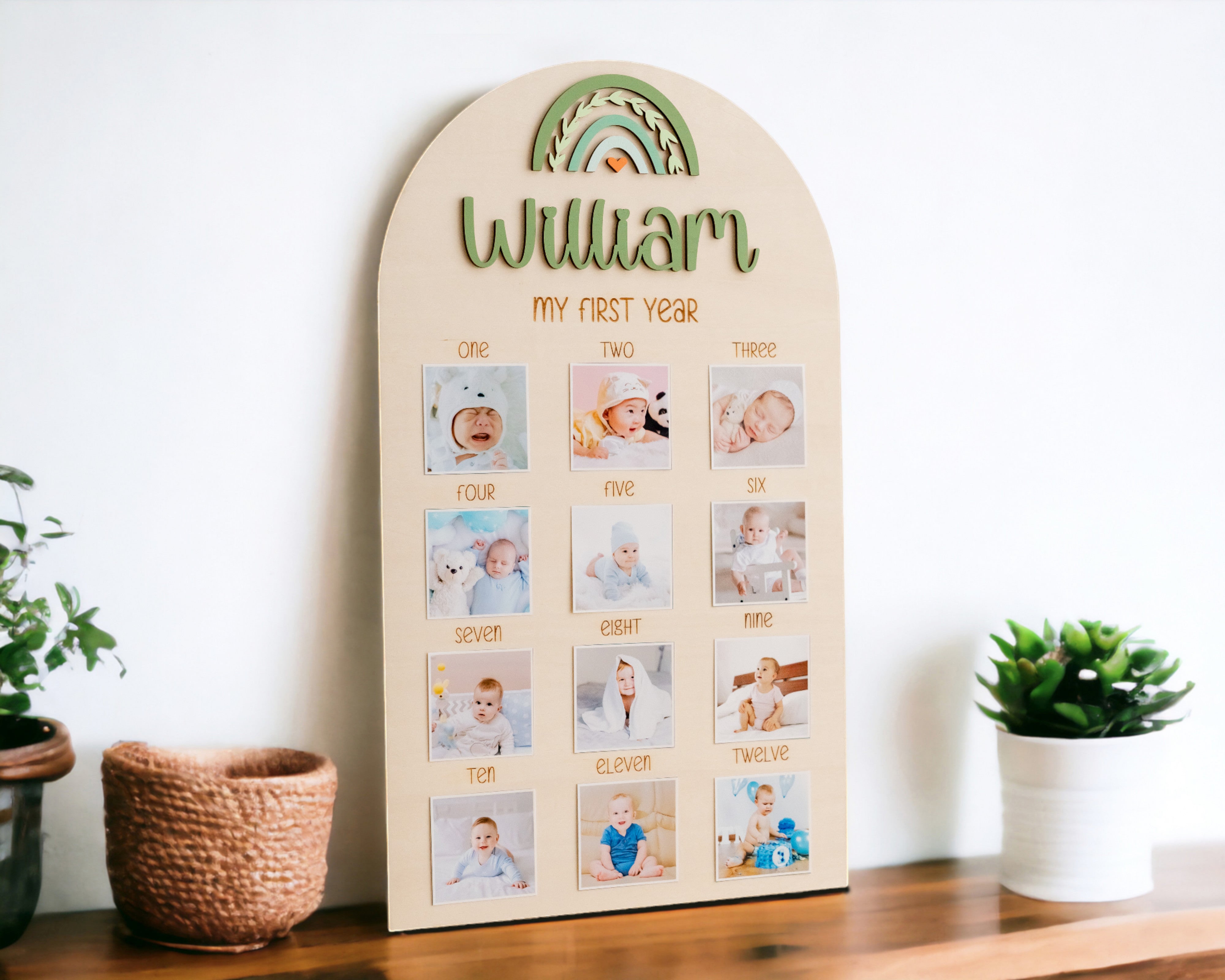 Personalized First Year Photo Board Natural Wood for Nursery J47