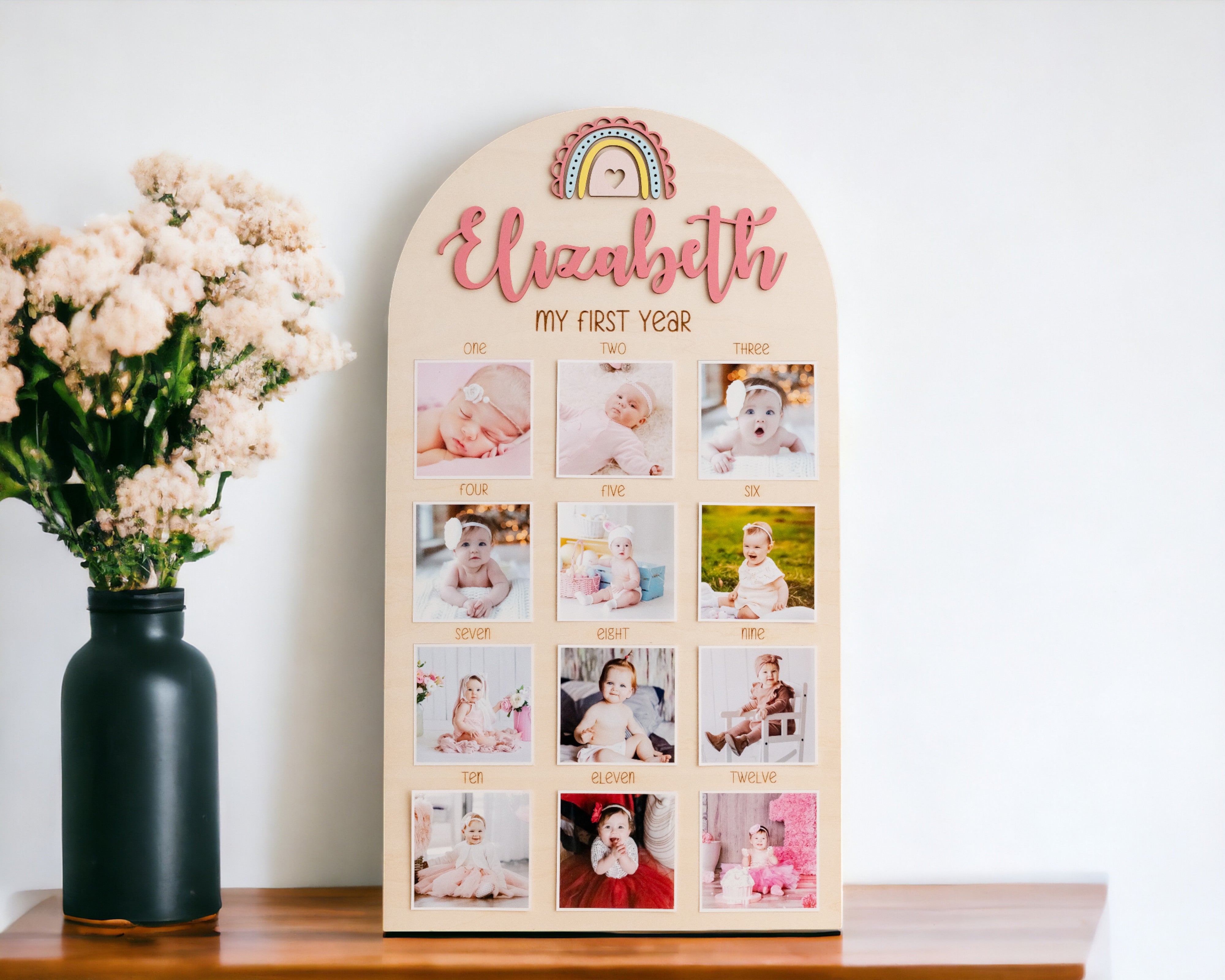 Personalized First Year Photo Board Natural Wood for Nursery J47