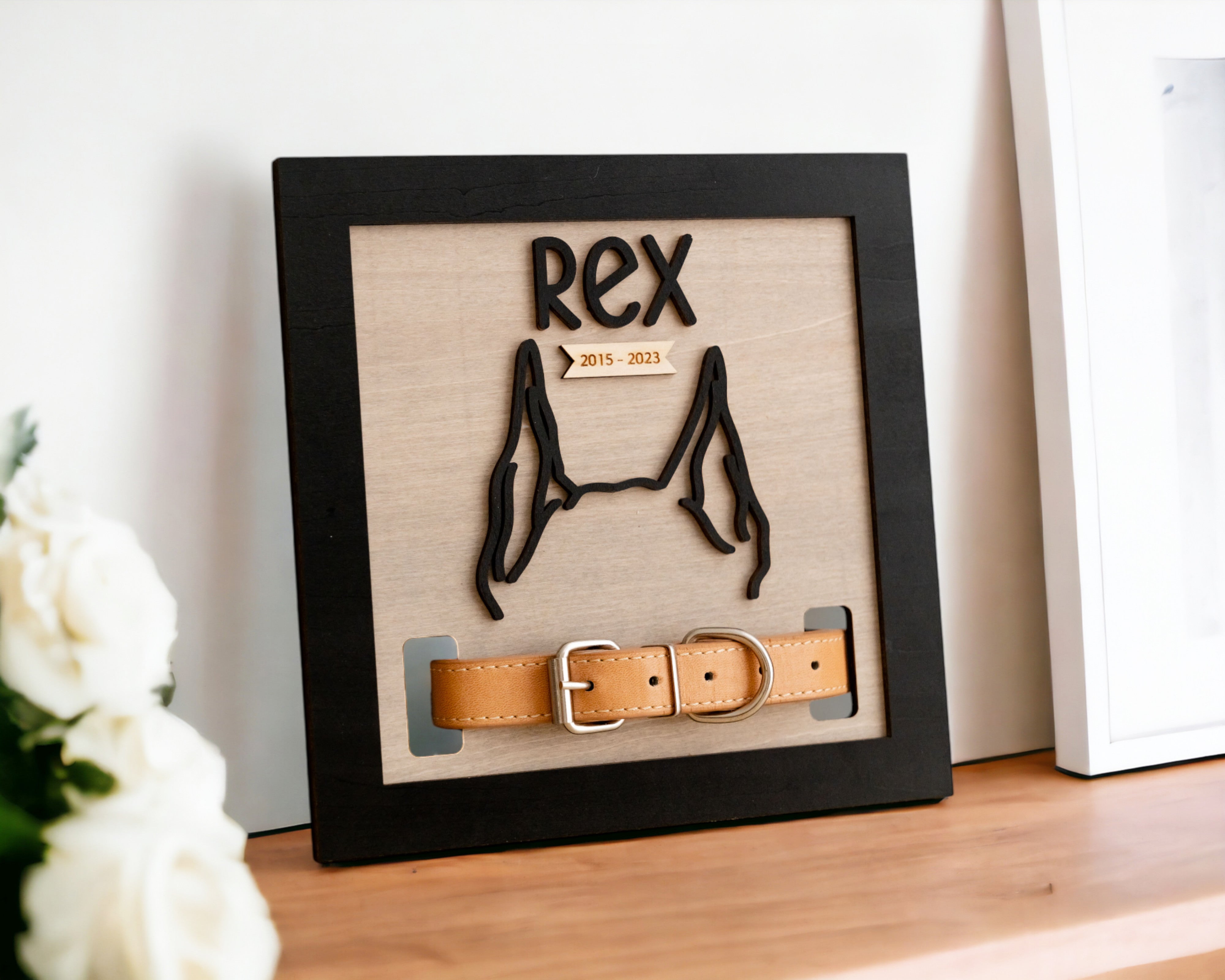 Dog Ear Drawing Framed Wood for Pet Memorial Gift and Collar Display J51