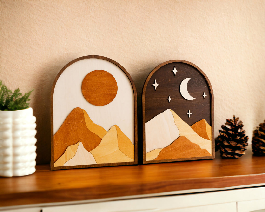 Celestial Sun and Moon Wood Art Duo for Bohemian Home Decor