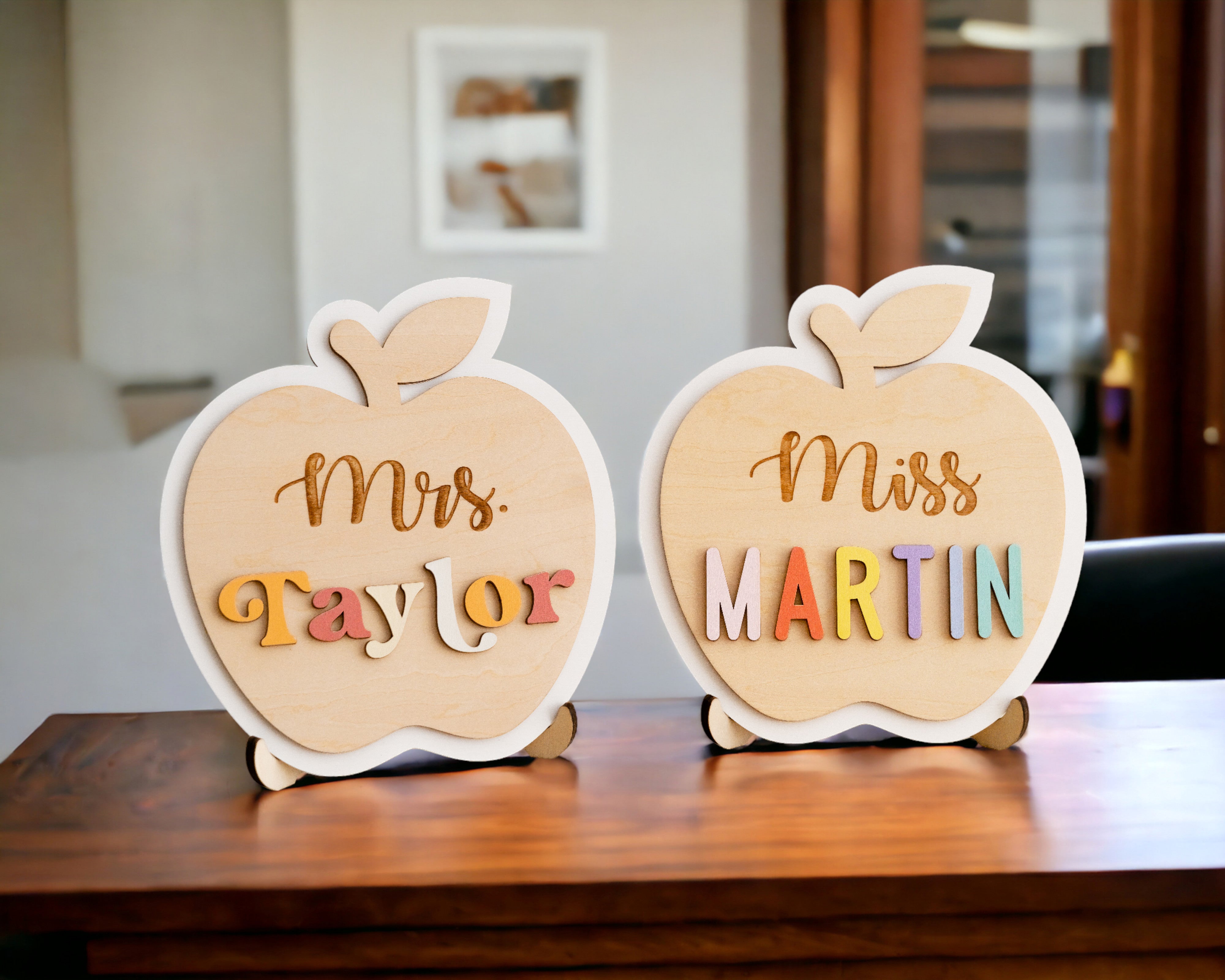 Custom Wooden Teacher's Desk Apple Nameplate