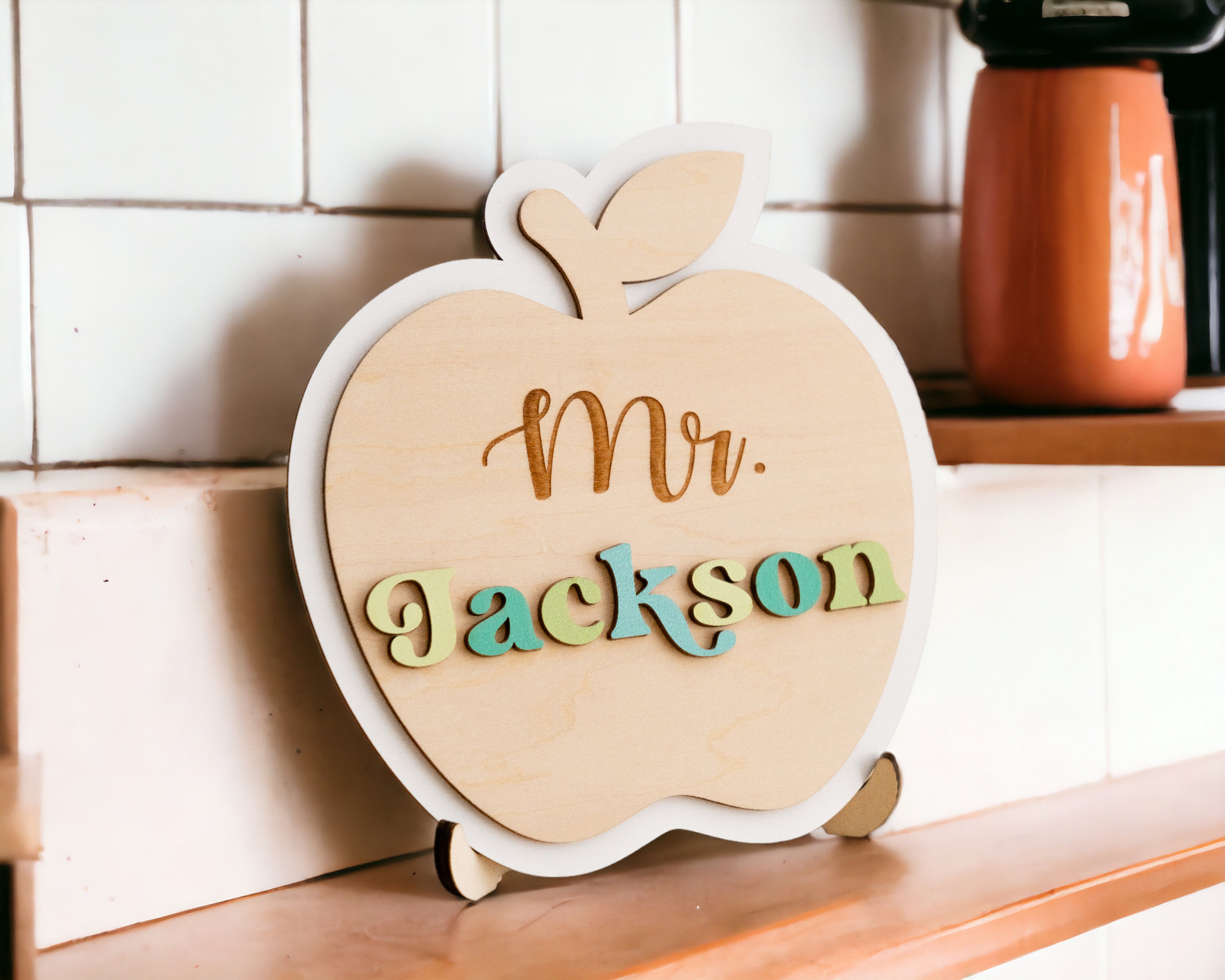 Custom Wooden Teacher's Desk Apple Nameplate