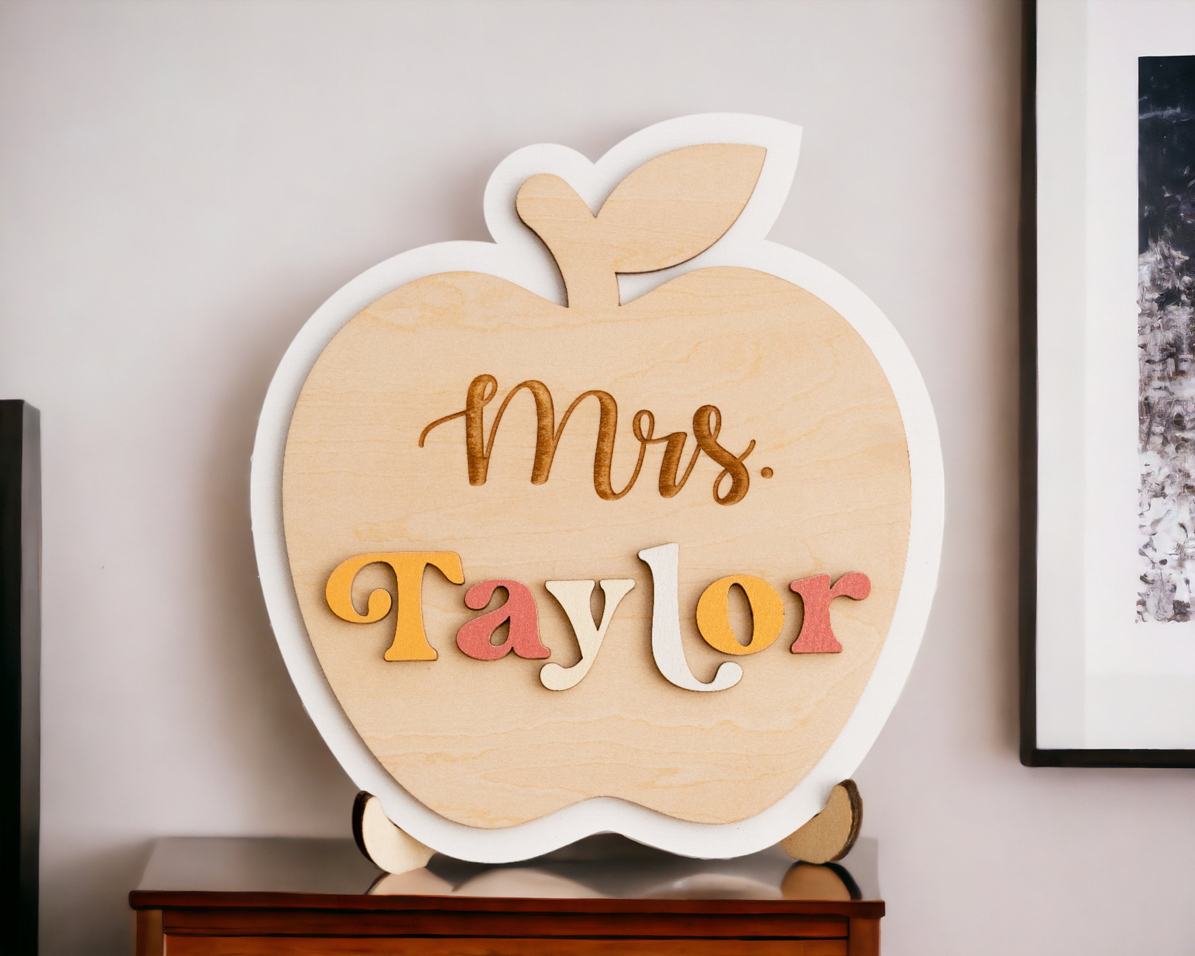 Custom Wooden Teacher's Desk Apple Nameplate