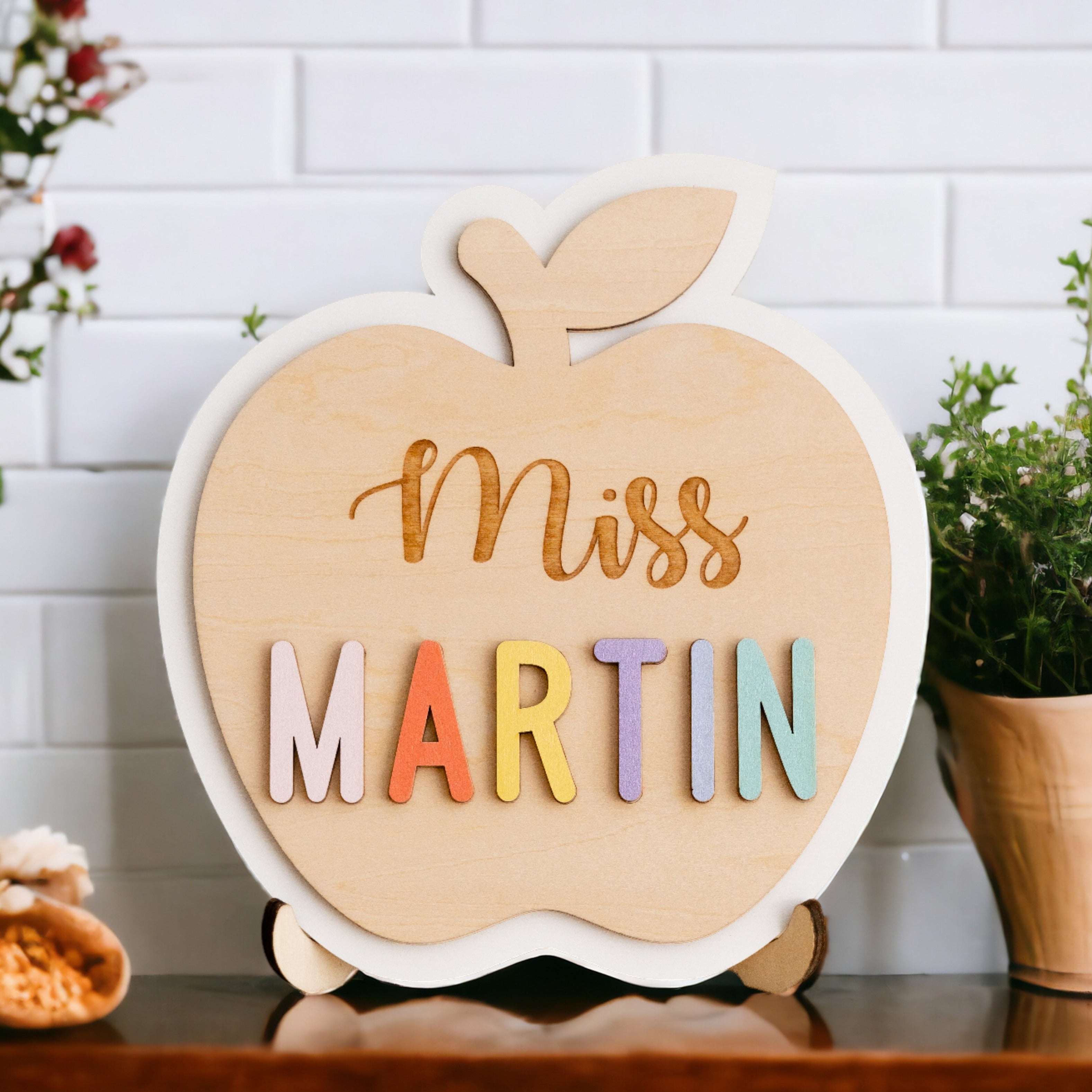 Customizable Wooden Teacher's Apple Desk Ornament