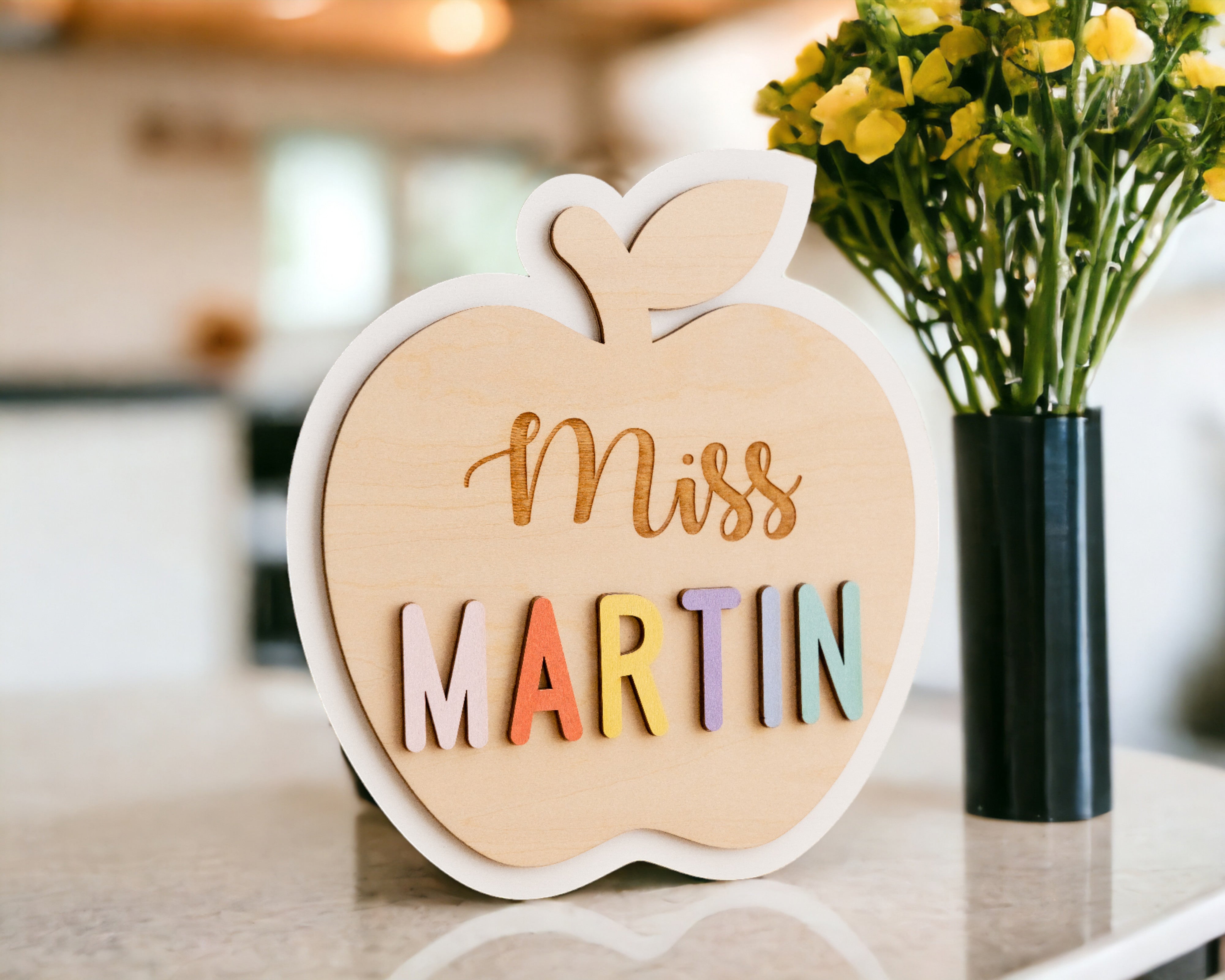 Custom Wooden Teacher's Desk Apple Nameplate