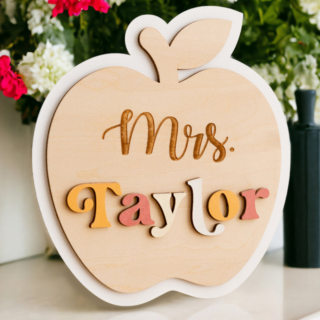 Custom Wooden Teacher's Desk Apple Nameplate