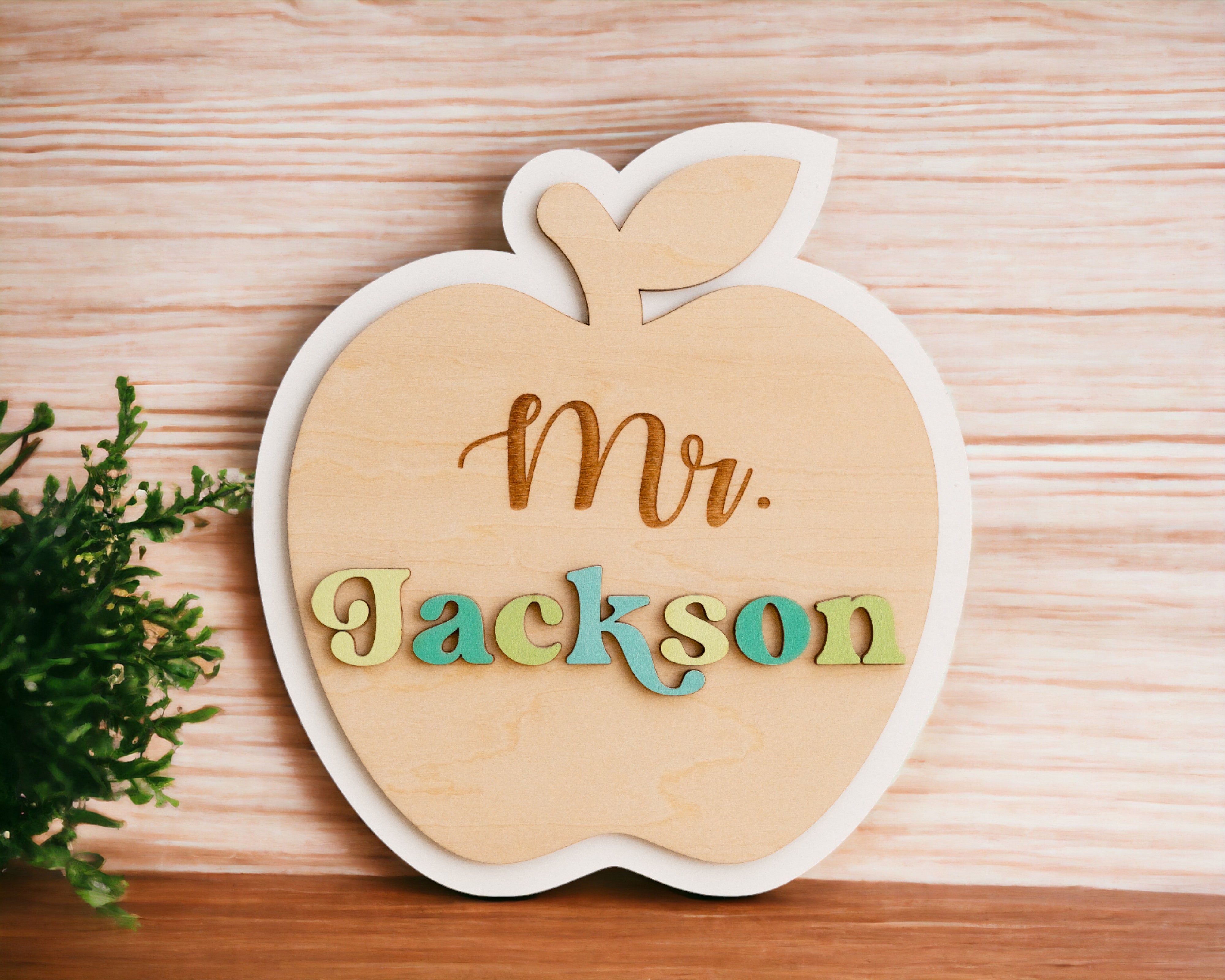 Custom Wooden Teacher's Desk Apple Nameplate