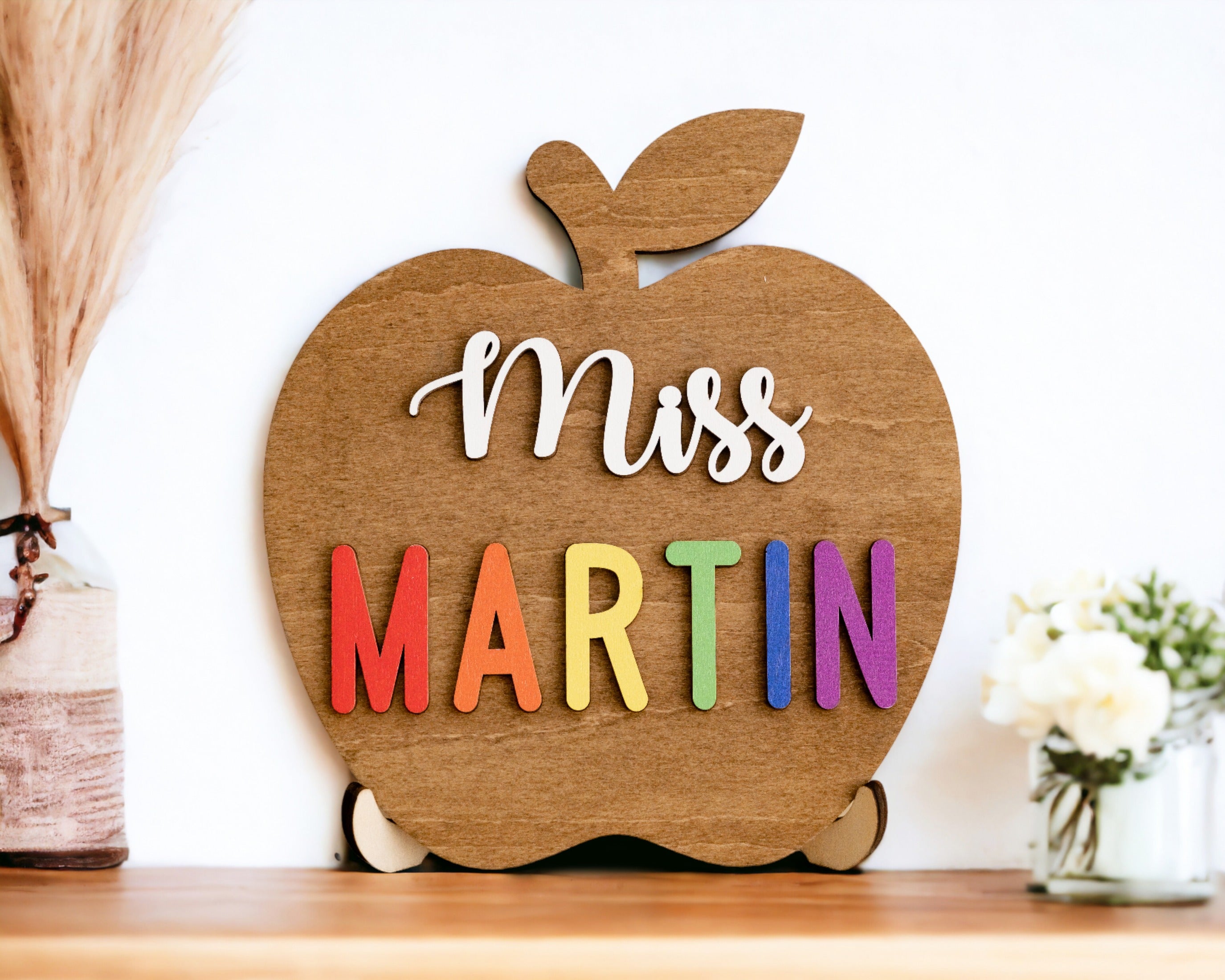 Personalized Wooden Teacher's Apple Sign for Teacher Gifts and Desk Decor J94