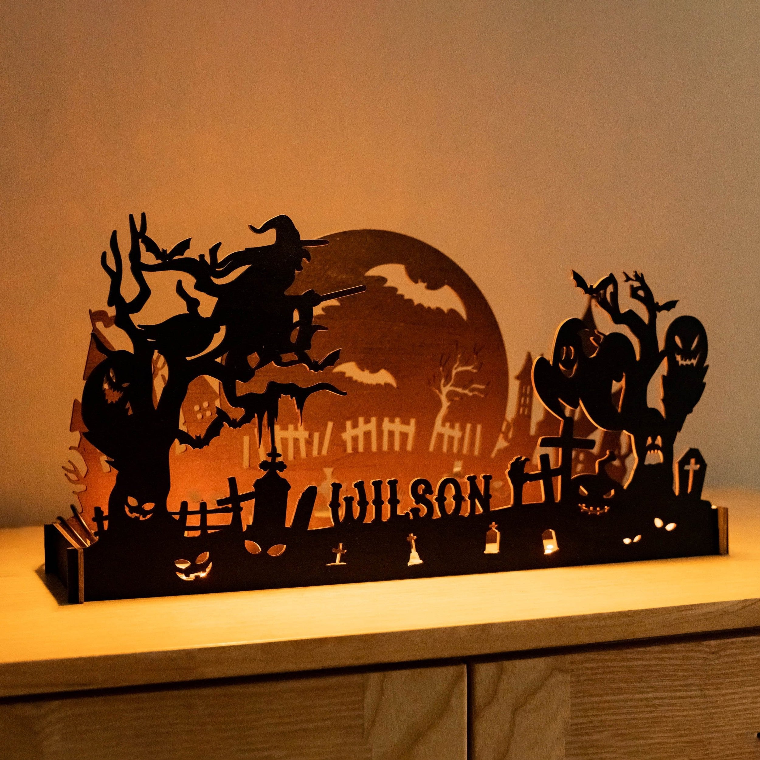 Spooky Wooden Halloween Silhouette for Rustic Table Decor