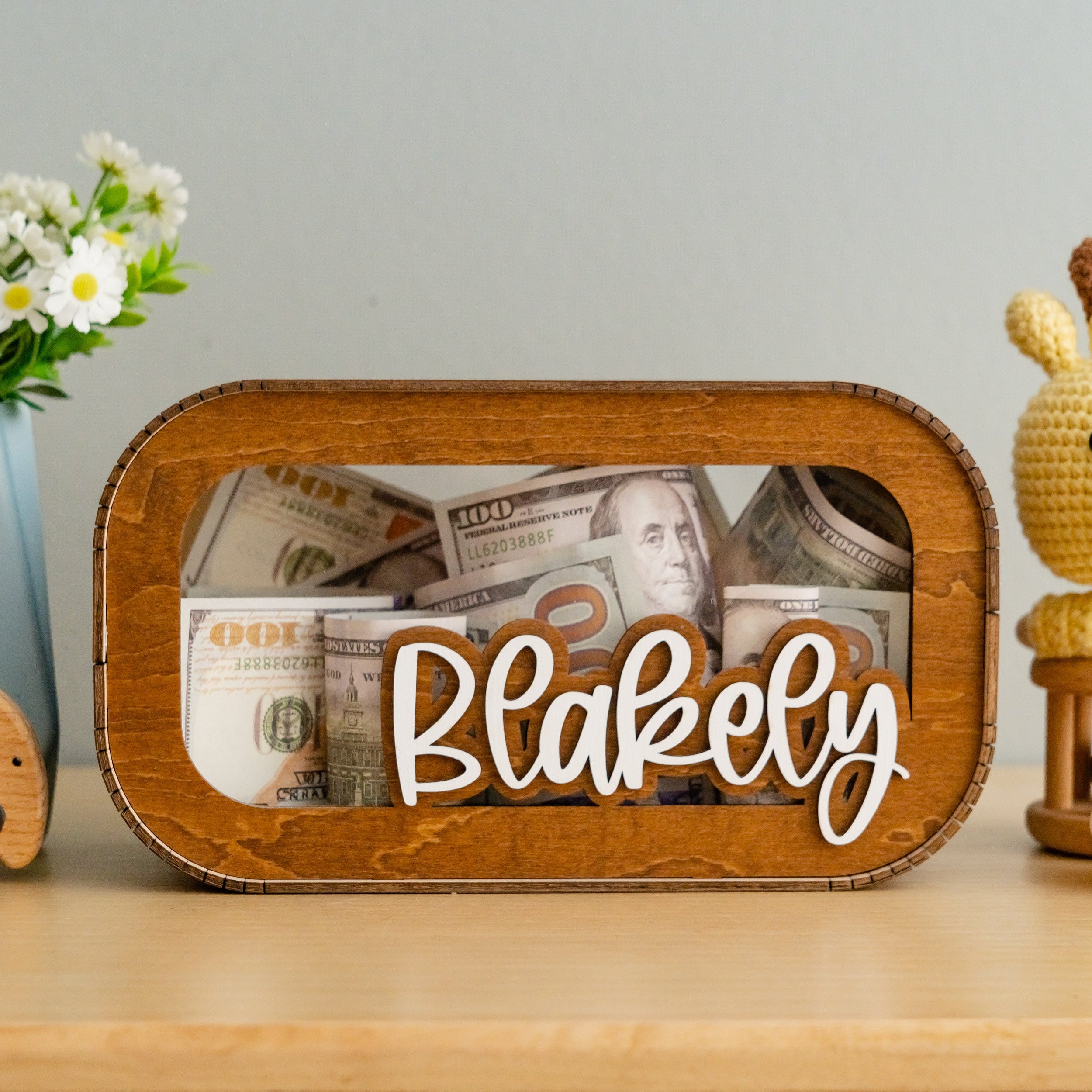 Personalized Wooden Piggy Bank Wood Acrylic Decorative Money Box Y22