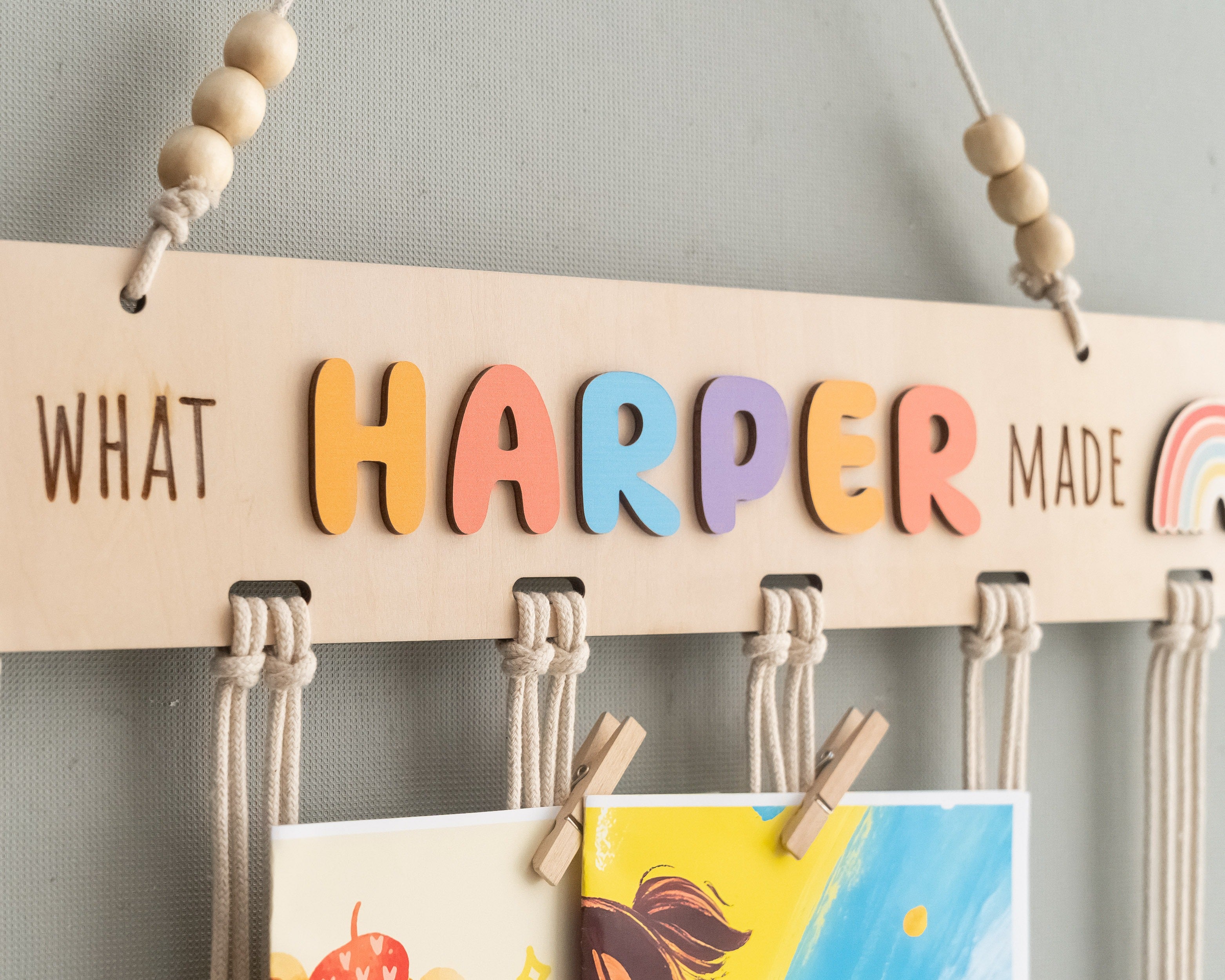 Macrame Kids Art Hanger with Wood for Kids Wall Decor D16
