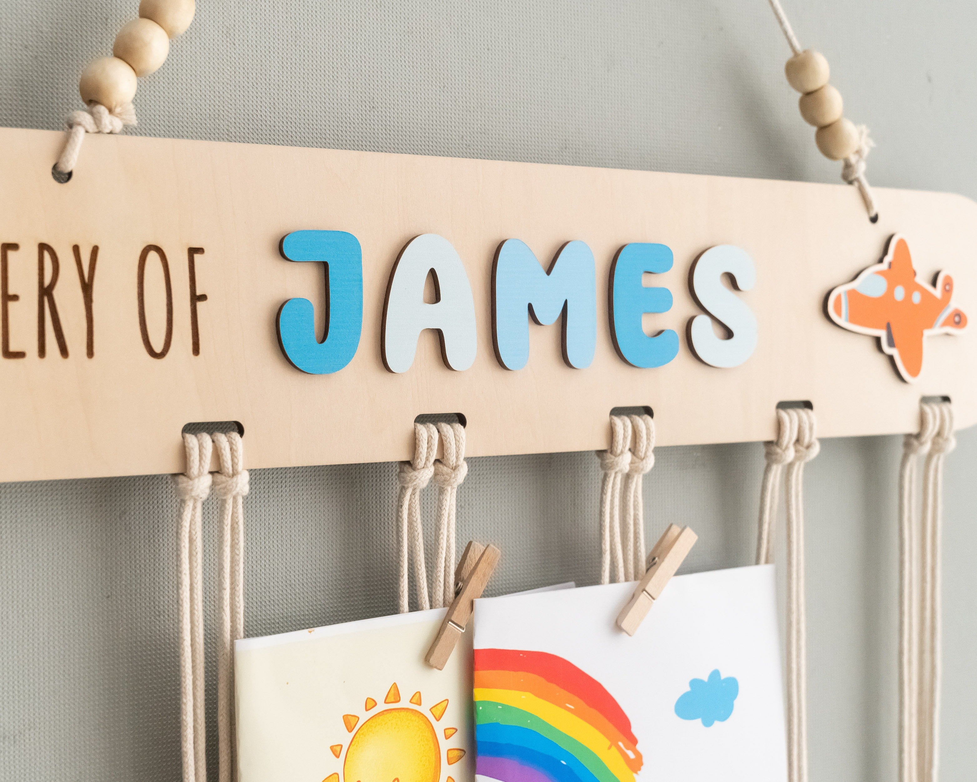 Personalized Macrame Kids Art Display Hanger Wood for Nursery Wall Decor D16