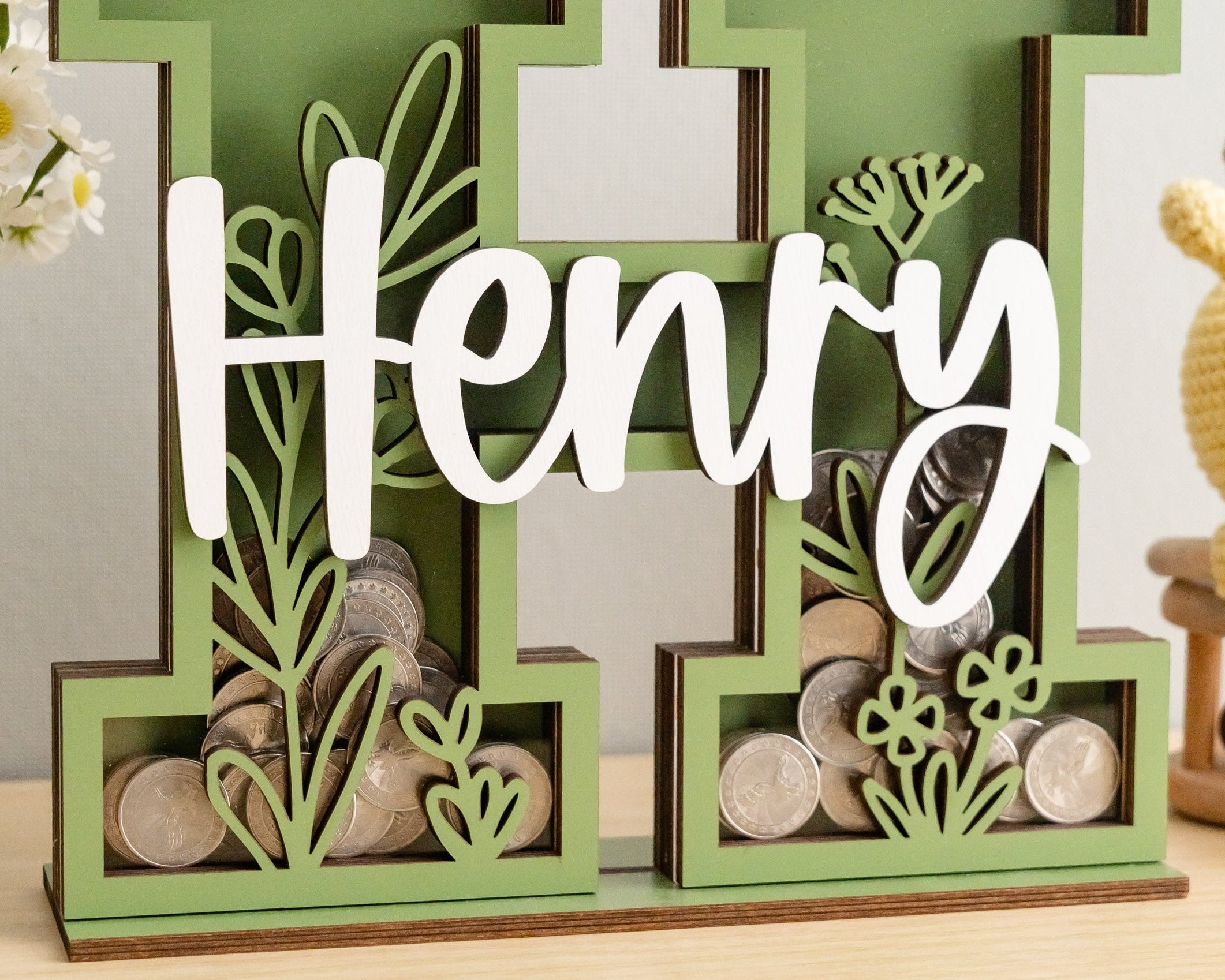 Personalized Letter Piggy Bank with Floral Design E22