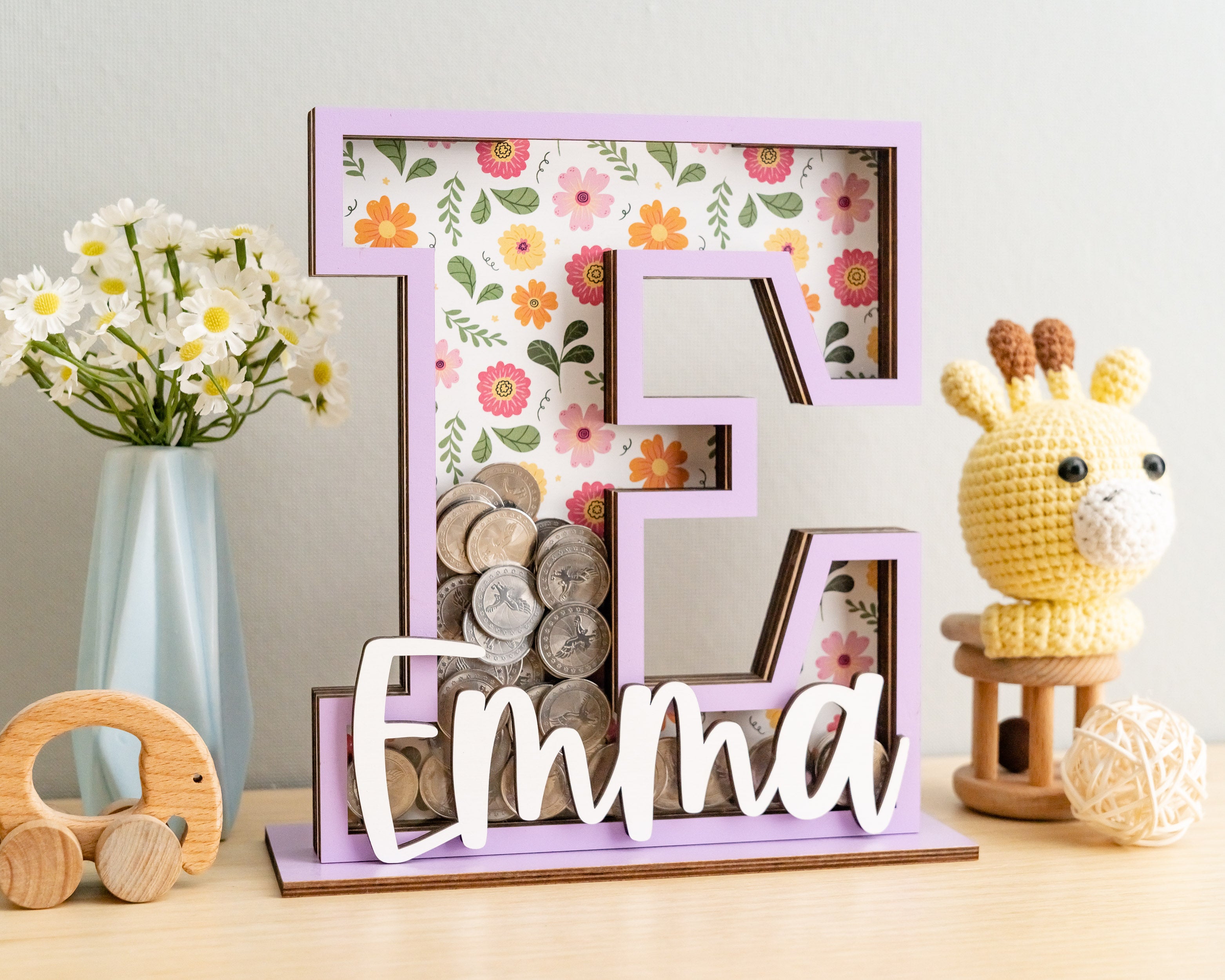 Personalized Letter Piggy Bank Wood Acrylic for Kids Coin Bank R11