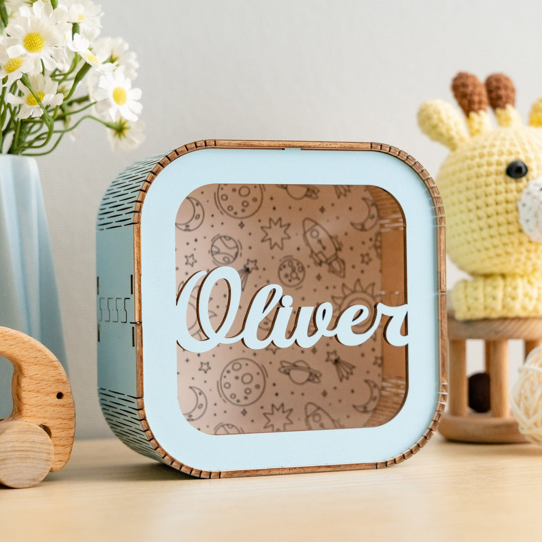 Personalized Wooden Piggy Bank with Nursery background for Kids Room Decor