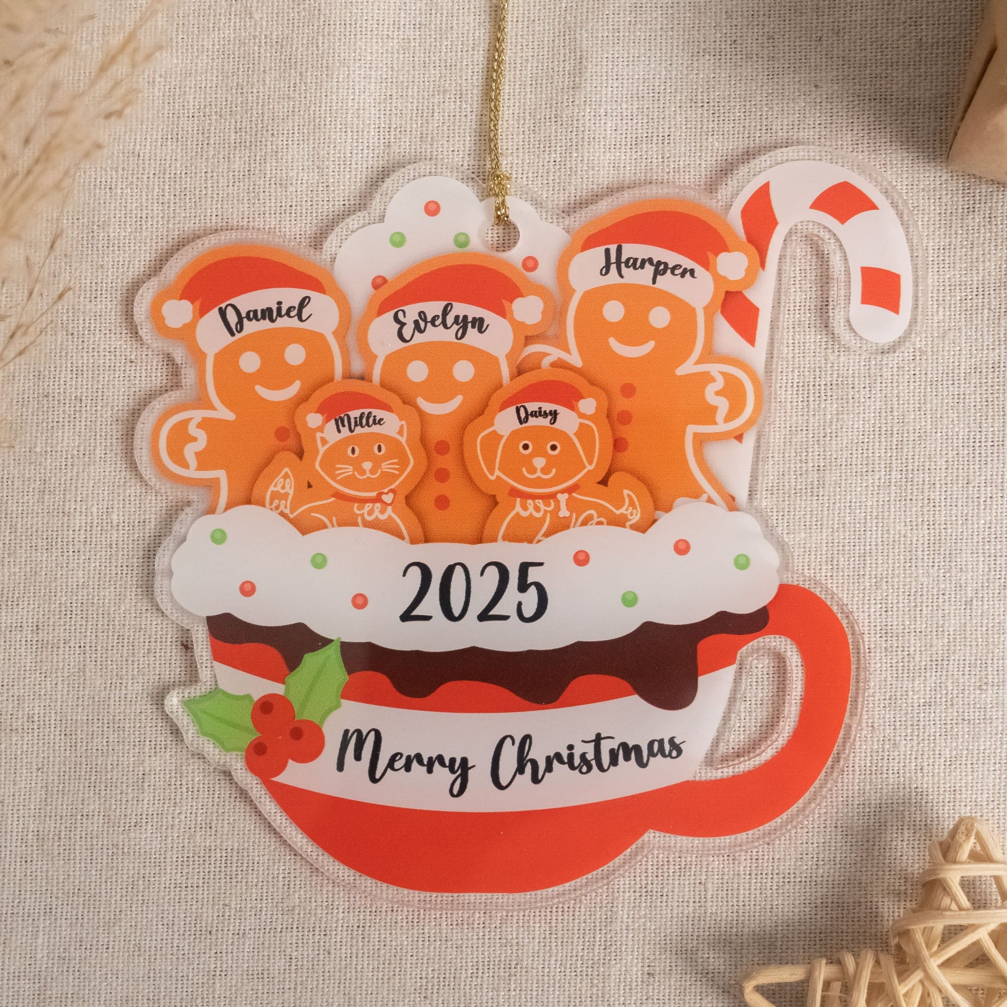 Personalized Gingerbread Family Ornament Acrylic Christmas Tree Ornament for Rustic Holiday Decor D23