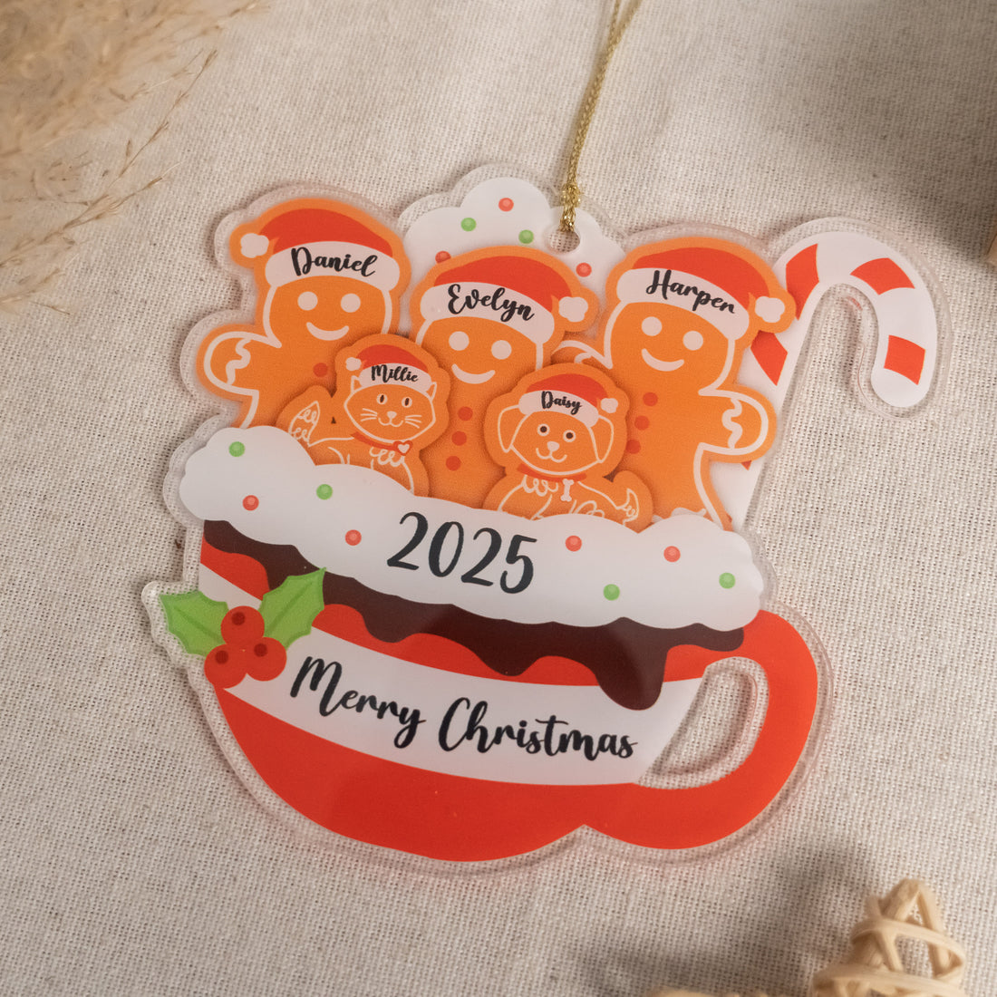 Personalized Gingerbread Family Ornament Acrylic Christmas Tree Ornament for Rustic Holiday Decor D23