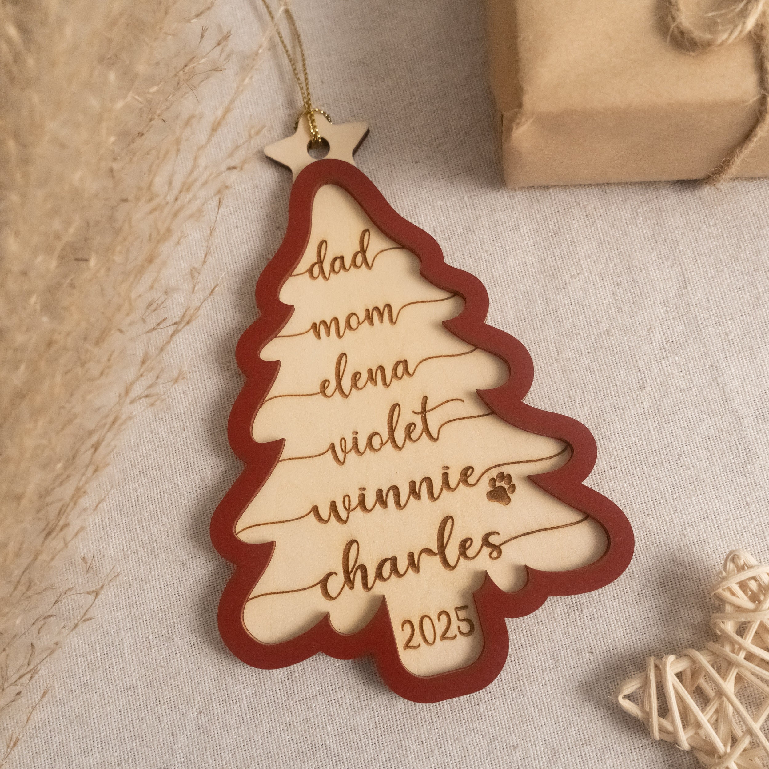 Personalized Wooden Christmas Tree Ornament Wood Christmas Tree Ornament for Family and Custom Wooden Ornament D32