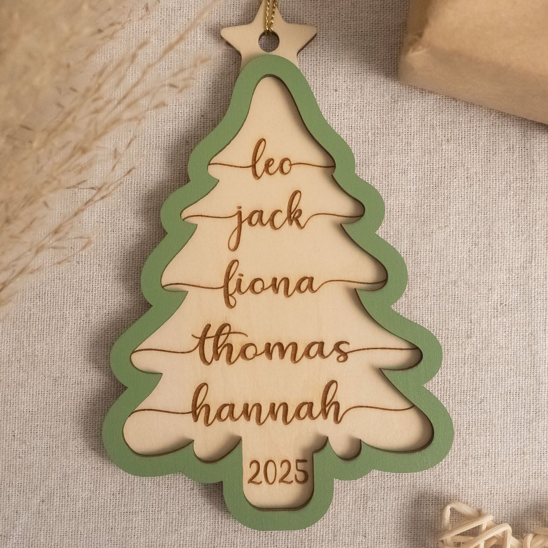 Personalized Wooden Christmas Tree Ornament Wood Family Christmas Tree Ornament and Custom Engraved Ornament D32