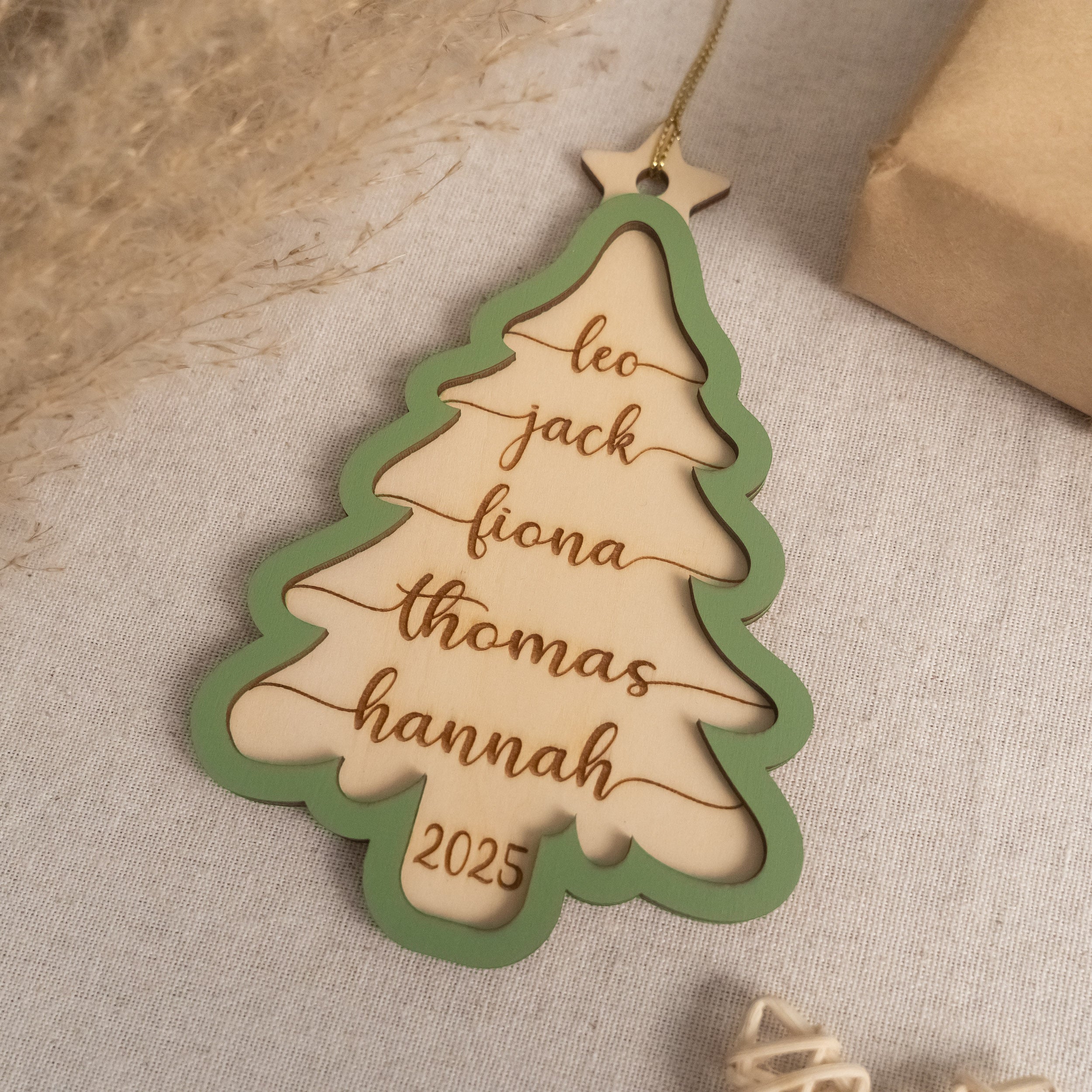 Personalized Wooden Christmas Tree Ornament Wood Family Christmas Tree Ornament and Custom Engraved Ornament D32