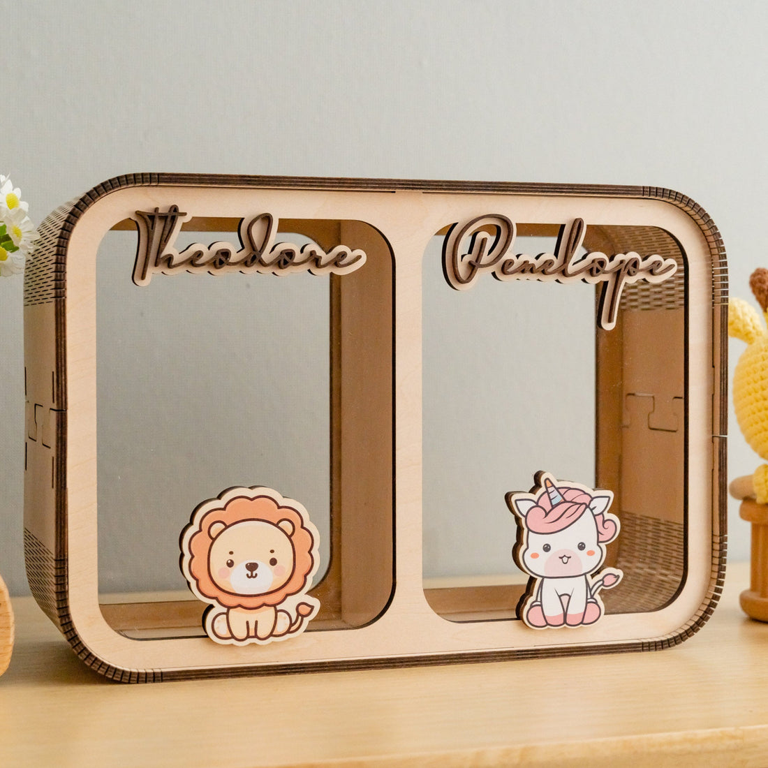 Double Name Wooden Piggy Bank for Kids or Gift Use