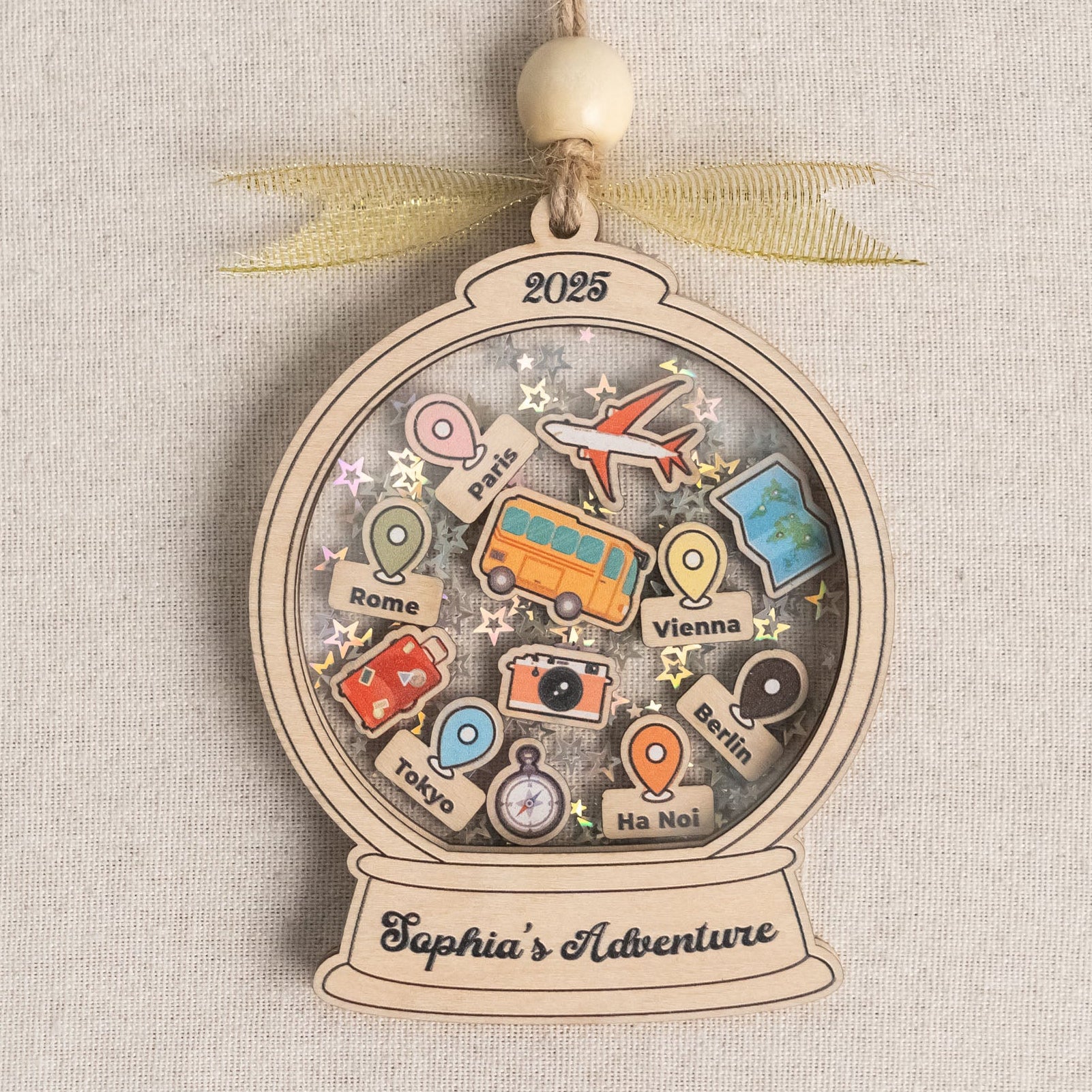 Personalized Travel Ornament Wood for Christmas Tree Decor D22